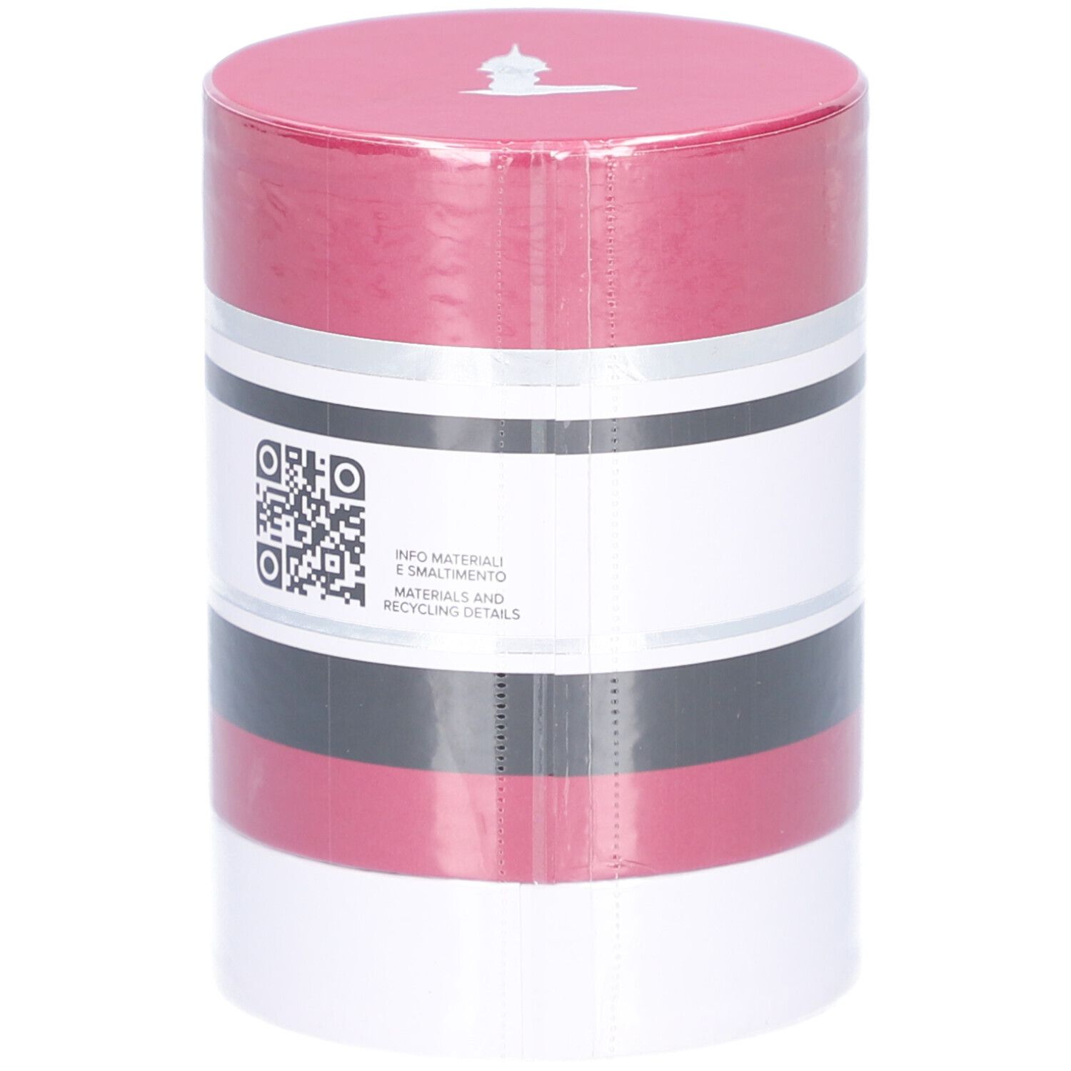 Zylindrische Verpackung. Trussardi Ruby Red. Rot, Schwarz, Weiß. Silberne Akzente. QR-Code.