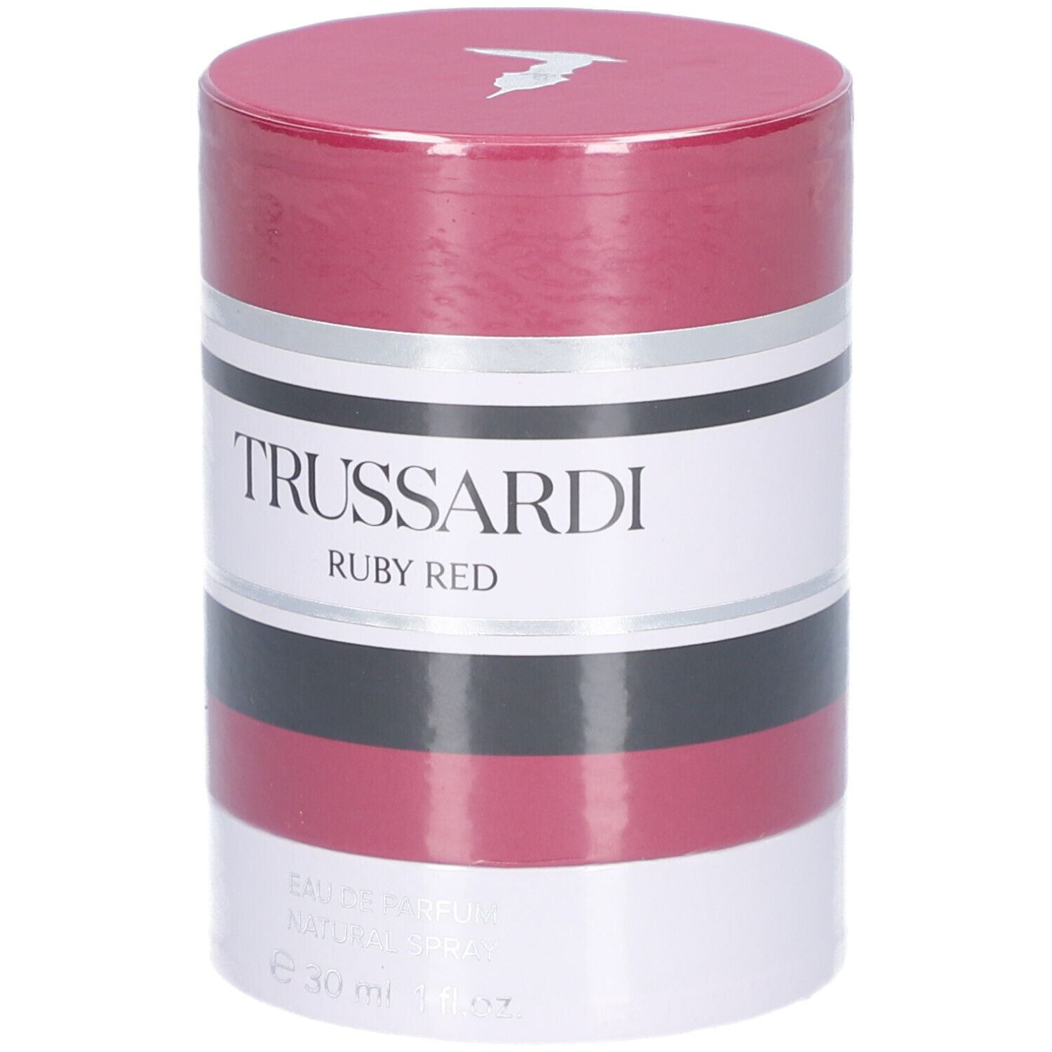Zylindrische Verpackung. Trussardi Ruby Red. Rot, Schwarz, Weiß. Silberne Akzente. 30 ml.