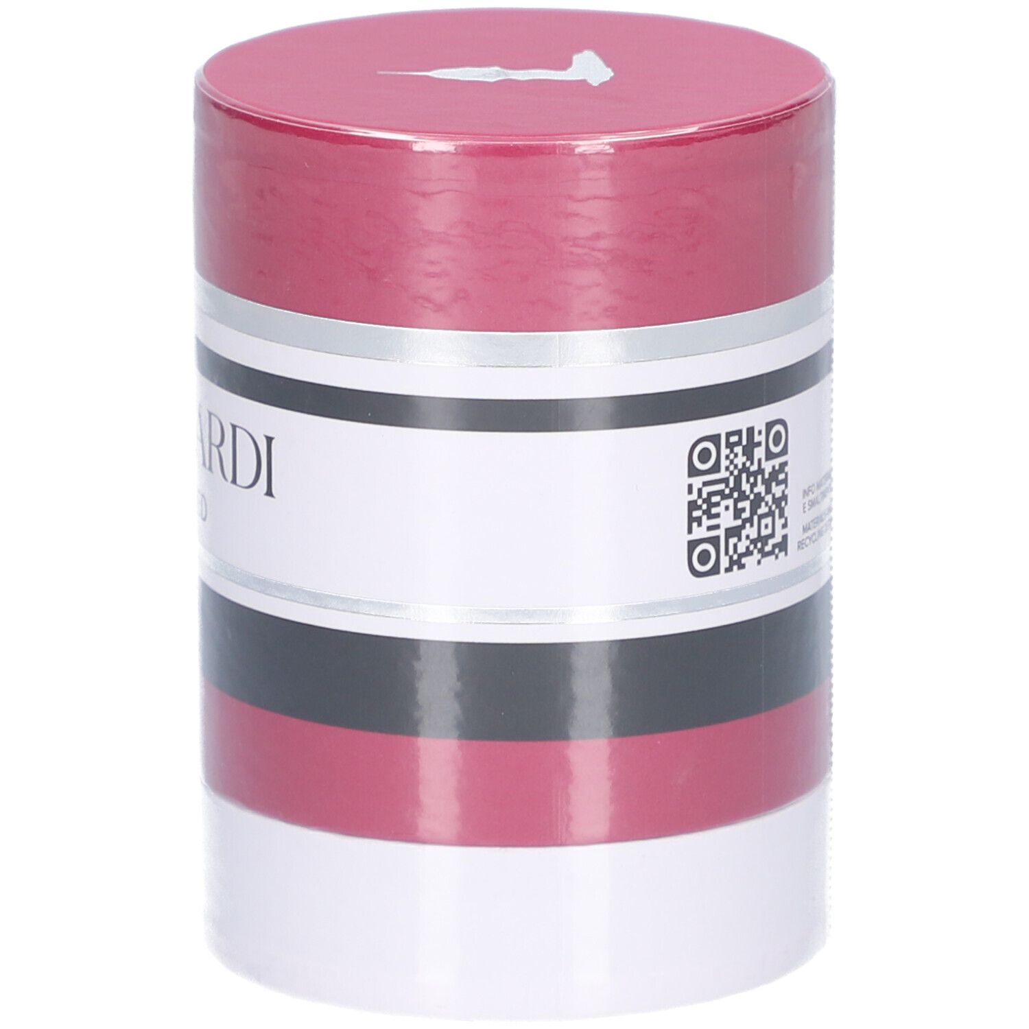 Zylindrische Verpackung. Trussardi Ruby Red. Rot, Schwarz, Weiß. Silberne Akzente. QR-Code.