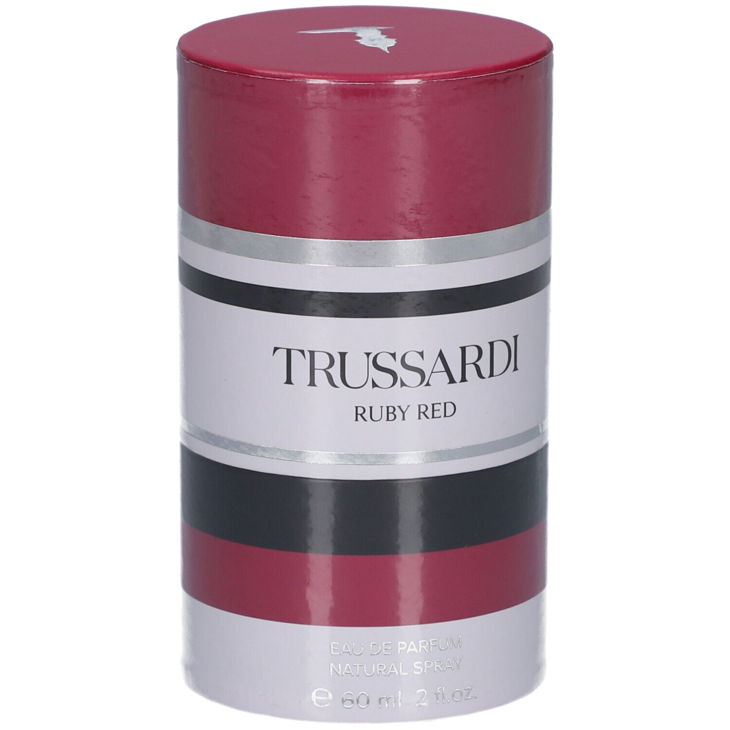 Zylindrische Verpackung von Trussardi Ruby Red. Rot, Schwarz, Weiß und Silberfarben. Marke und Produktname deutlich sichtbar.