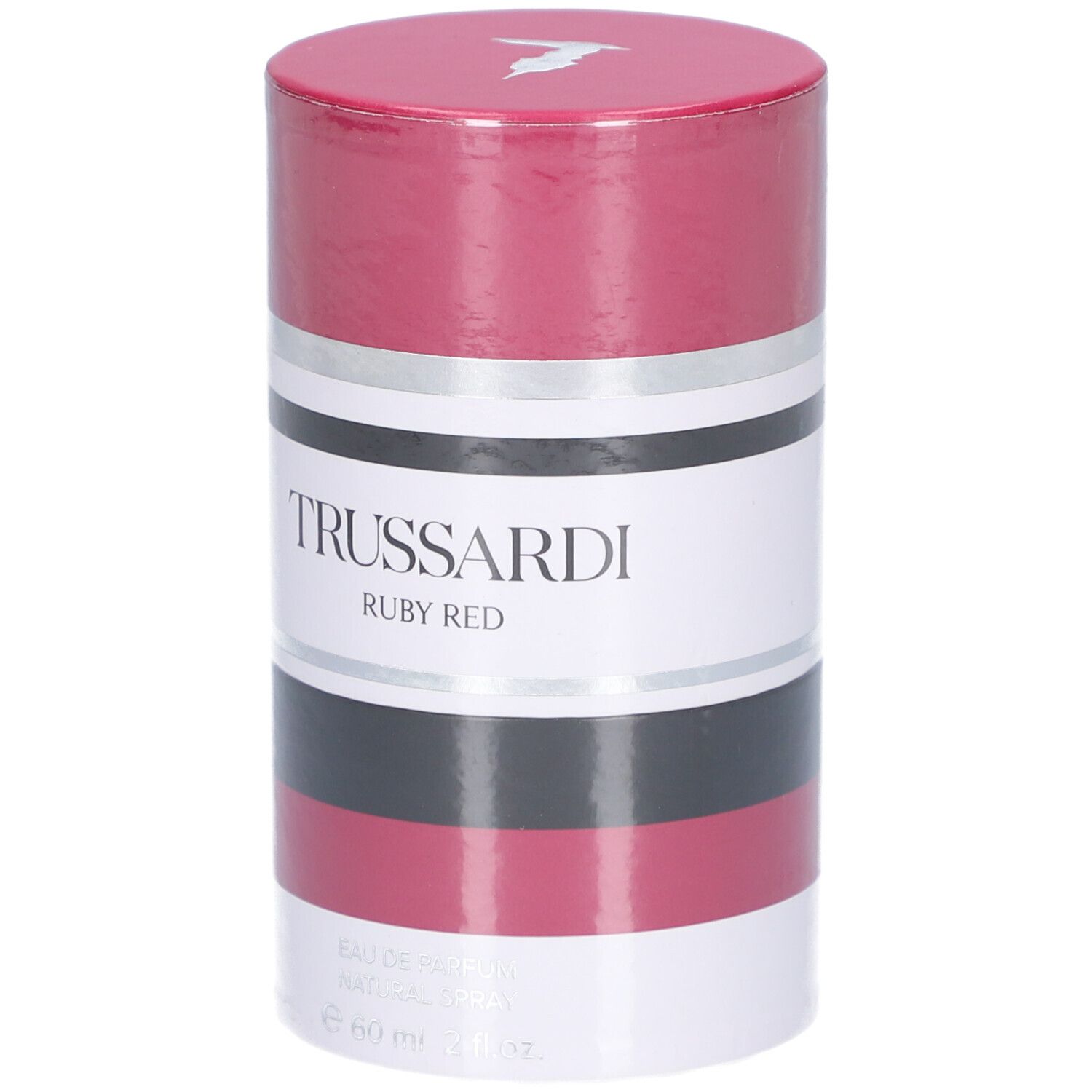 Zylindrische Verpackung von Trussardi Ruby Red. Rot, Schwarz, Weiß und Silberfarben. Marke und Produktname deutlich sichtbar.