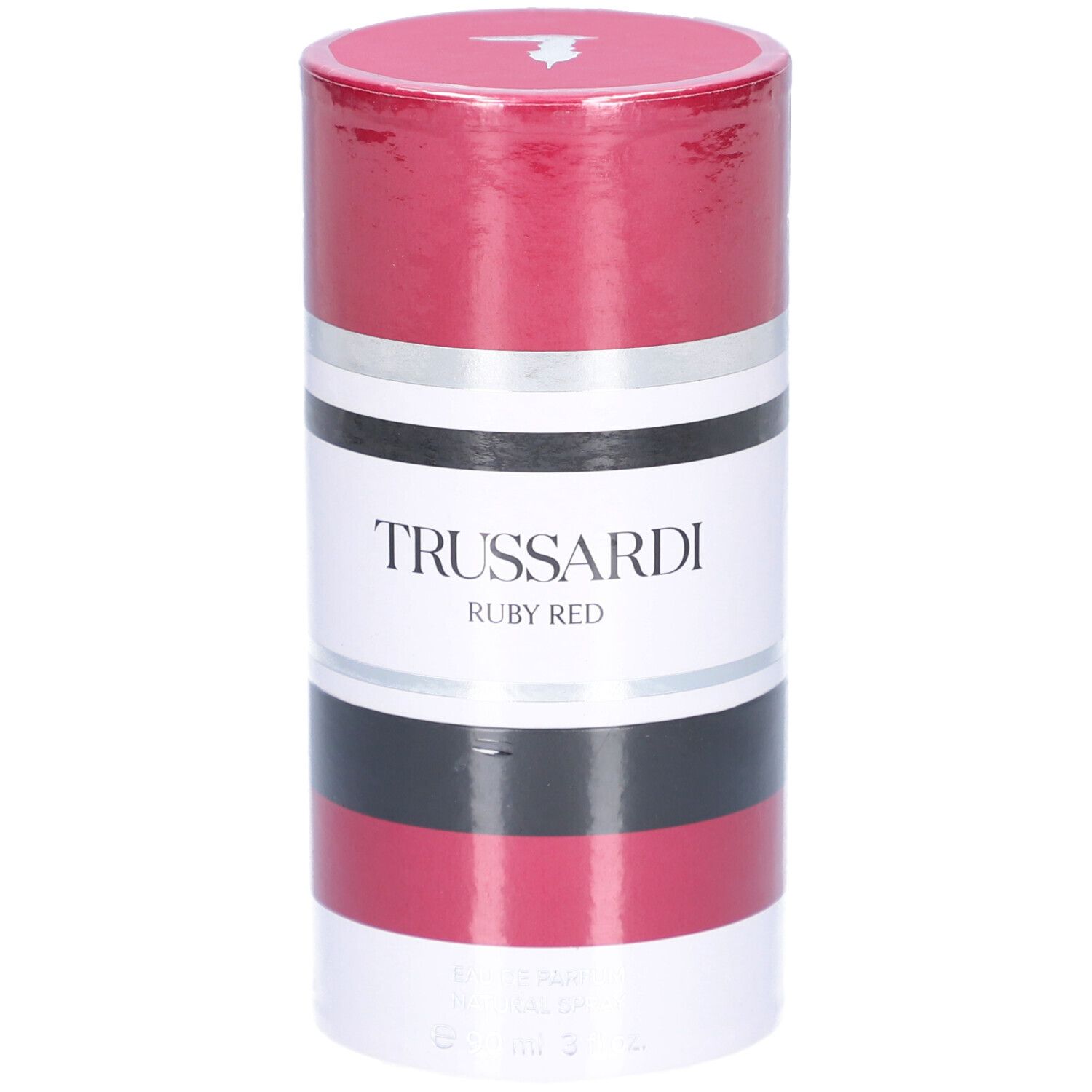 Zylindrische Verpackung. Rot, Silber, Schwarz und Weiß. Text: TRUSSARDI RUBY RED.