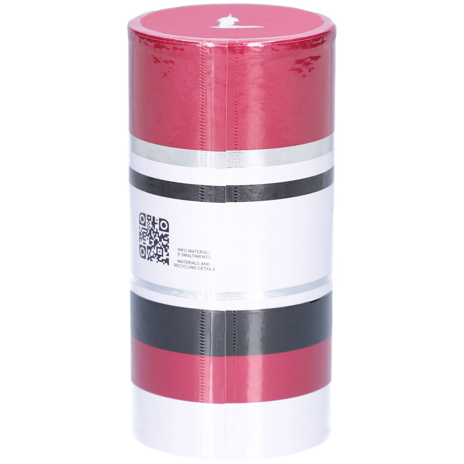Zylindrische Verpackung. Rot, Silber, Schwarz und Weiß. Text: TRUSSARDI RUBY RED.