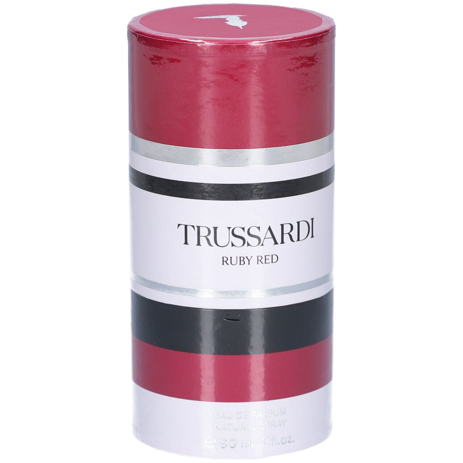 Zylindrische Verpackung. Rot, Silber, Schwarz und Weiß. Text: TRUSSARDI RUBY RED.