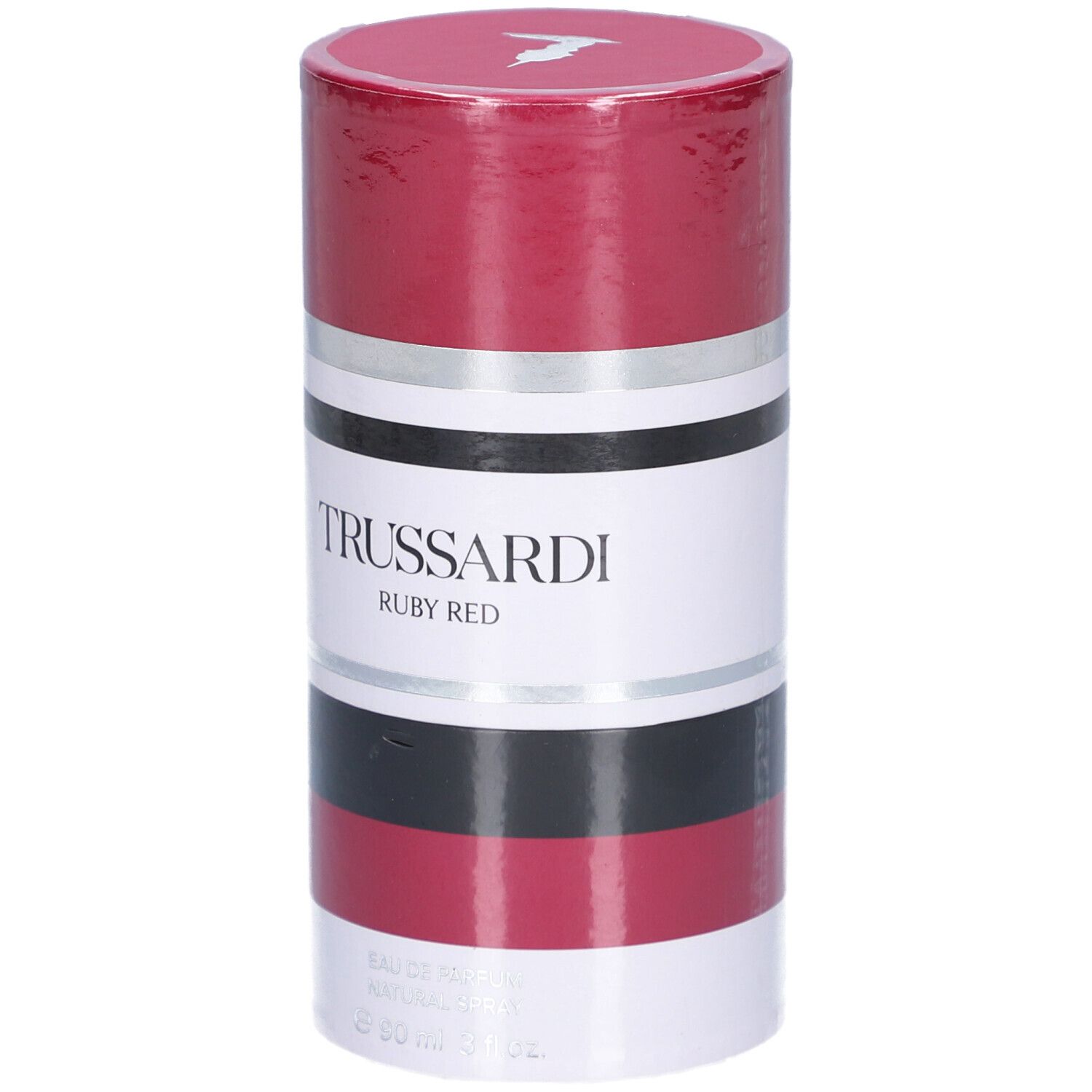 Zylindrische Verpackung. Rot, Silber, Schwarz und Weiß. Text: TRUSSARDI RUBY RED.