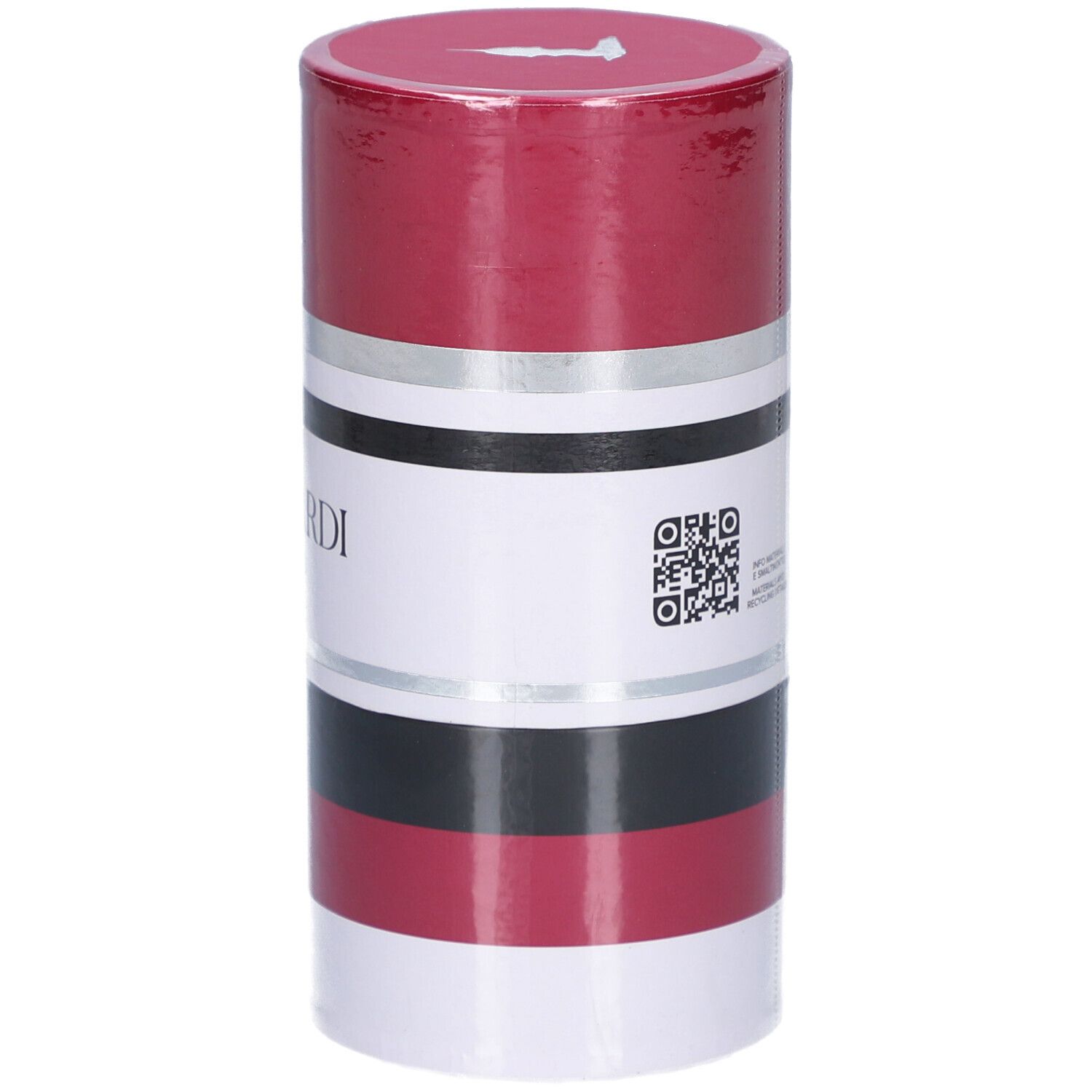 Zylindrische Verpackung. Rot, Silber, Schwarz und Weiß. Text: TRUSSARDI RUBY RED.