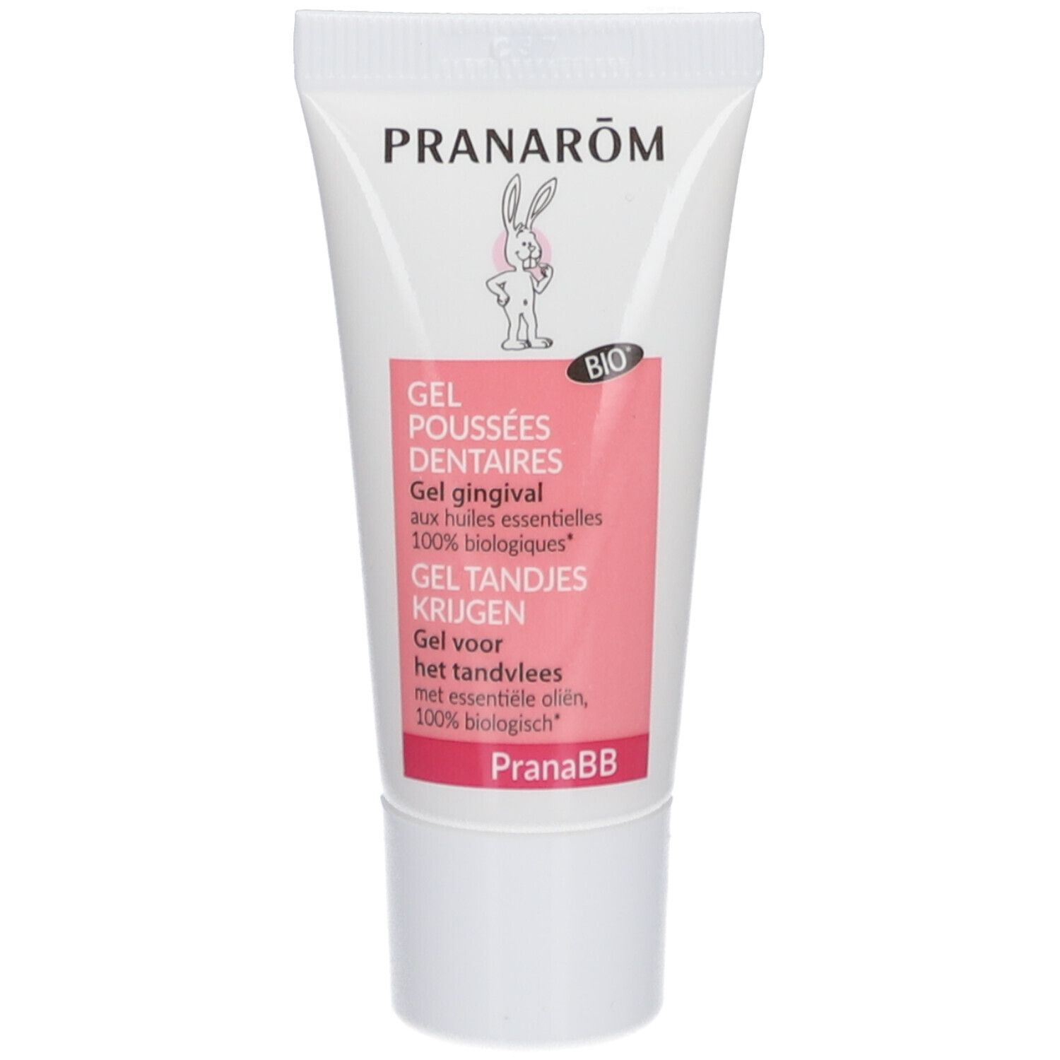 Tube blanc et rose. Inscriptions: PRANARÔM, logo lapin, label Bio. Texte: Gel Poussées Dentaires, Gel gingival aux huiles essentielles.