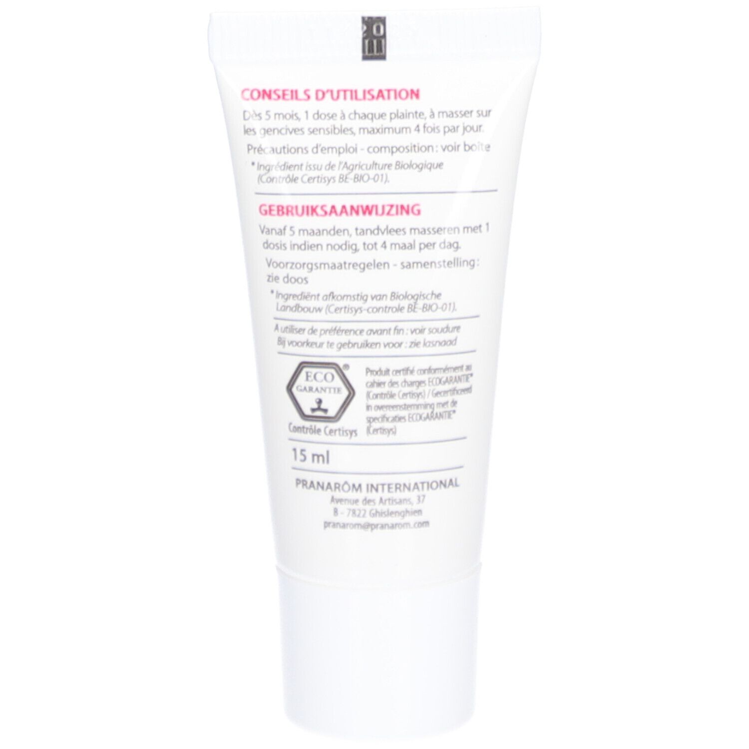 Dos du tube. Textes: Conseils d'utilisation, ingrédients, 15 ml. Labels: ECOCERT, Agriculture Biologique.