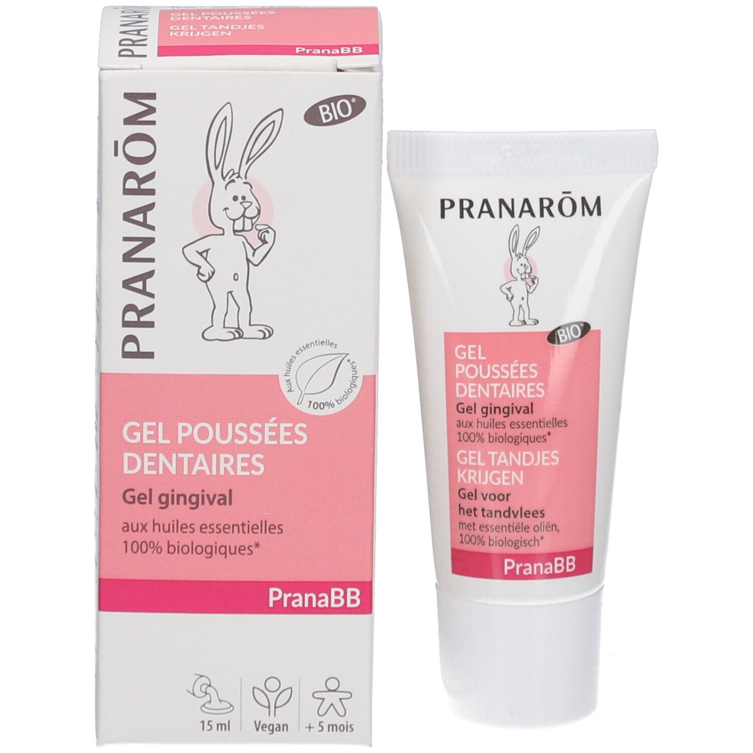 Emballage et tube. Emballage: blanc et rose. Inscriptions: PRANARÔM, logo lapin, label Bio. Texte: Gel Poussées Dentaires.