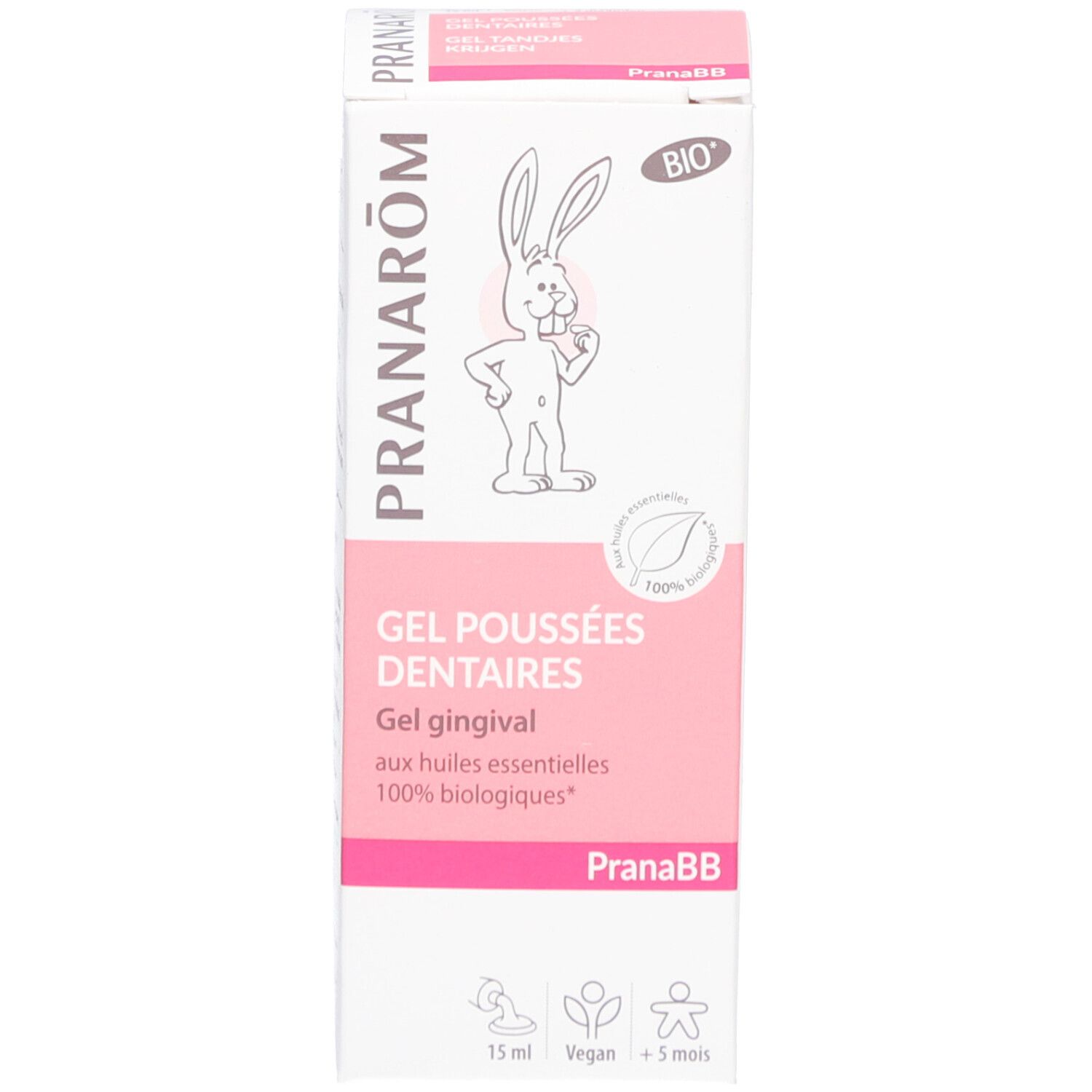 Emballage. Blanc et rose. Inscriptions: PRANARÔM, logo lapin, label Bio. Texte: Gel Poussées Dentaires, Gel gingival.
