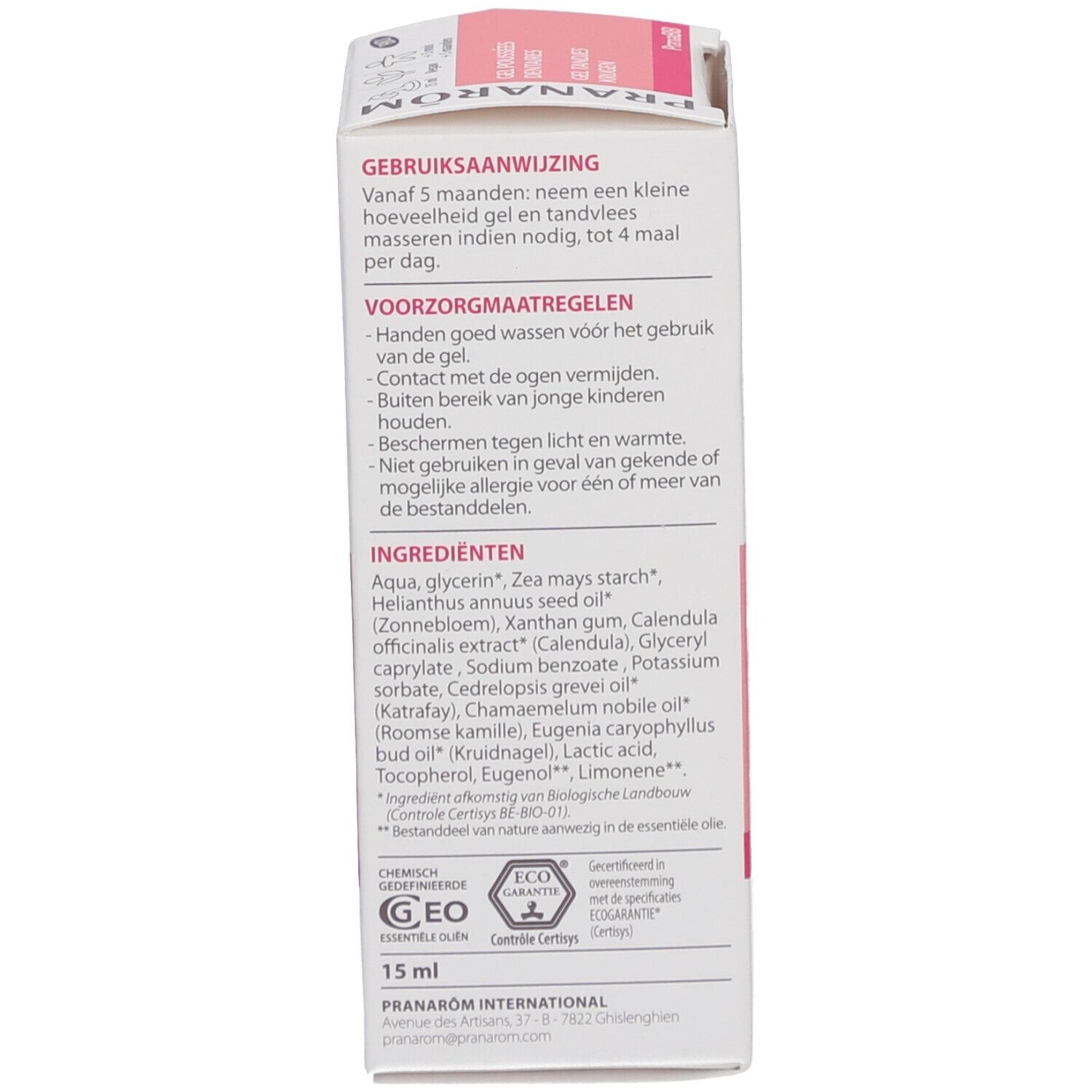 Dos de l'emballage. Textes: Conseils d'utilisation, ingrédients, 15 ml. Labels: ECOCERT, Agriculture Biologique.