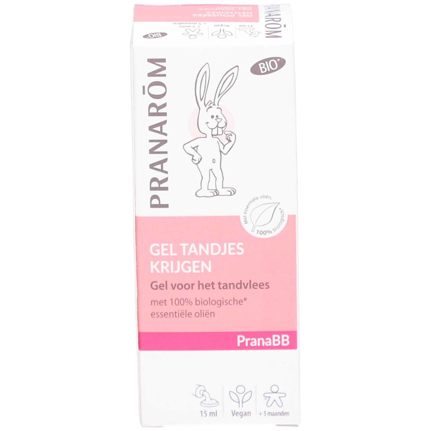 Emballage. Blanc et rose. Inscriptions: PRANARÔM, logo lapin, label Bio. Texte: Gel Tandjes Krugen, Gel pour le tandvlees.
