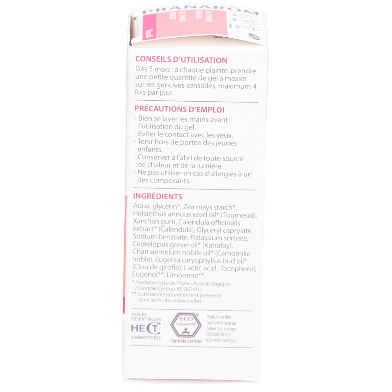 Dos de l'emballage. Textes: Conseils d'utilisation, ingrédients, 15 ml. Labels: ECOCERT, Agriculture Biologique.