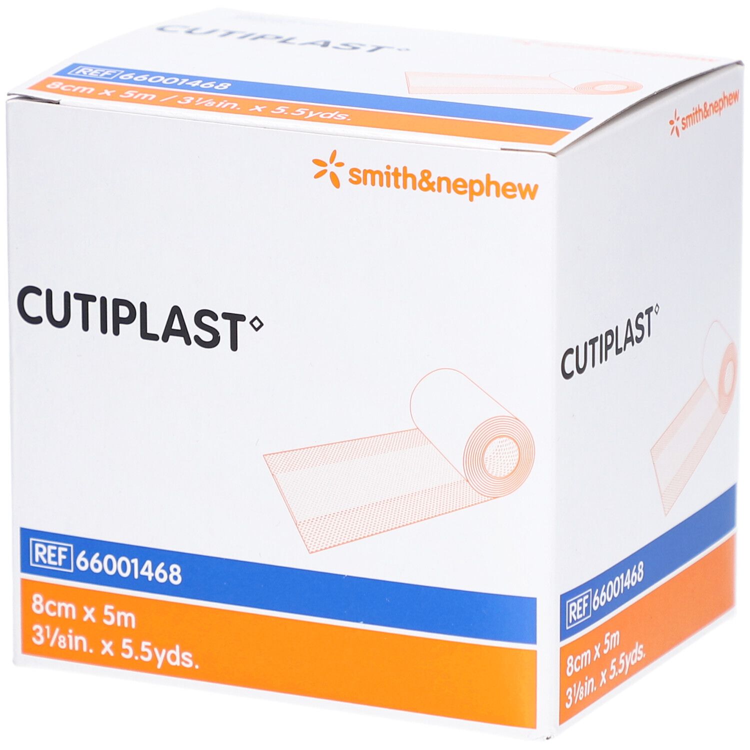 Boîte de pansements CUTIPLAST. Pansement blanc, 8 cm x 5 m. Marque Smith & Nephew. Réf. 66001468.