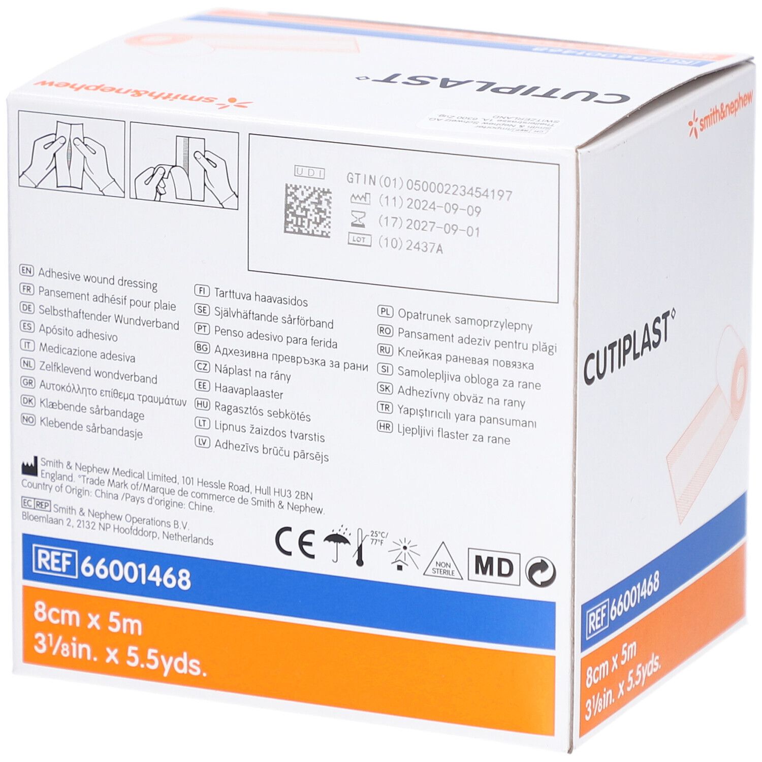 Dos de la boîte CUTIPLAST. Informations produit et marquage CE. Taille : 8 cm x 5 m. Marque Smith & Nephew.