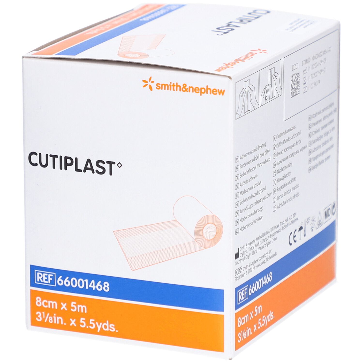 Boîte de pansements CUTIPLAST. Pansement blanc, 8 cm x 5 m. Marque Smith & Nephew. Réf. 66001468.