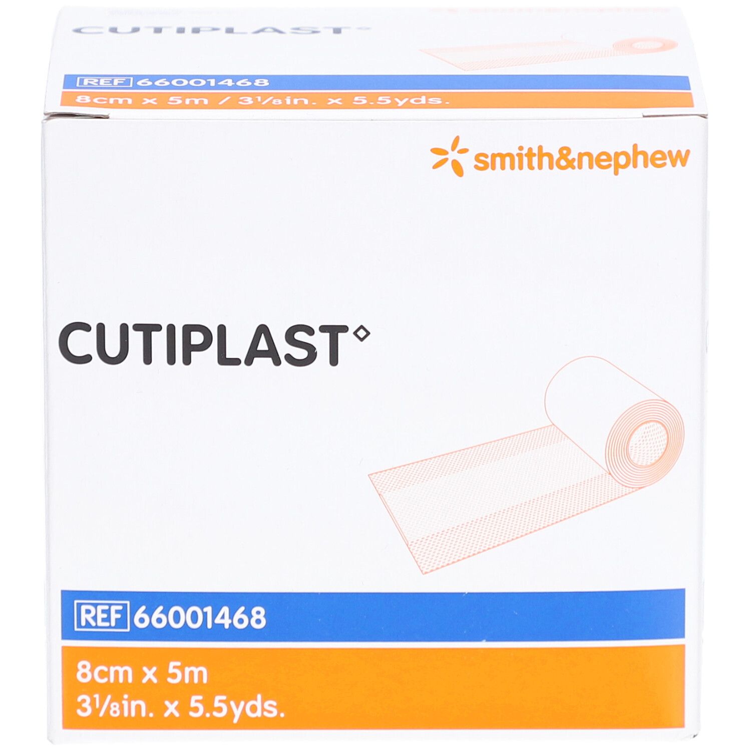 Boîte de pansements CUTIPLAST. Pansement blanc, 8 cm x 5 m. Marque Smith & Nephew. Réf. 66001468.