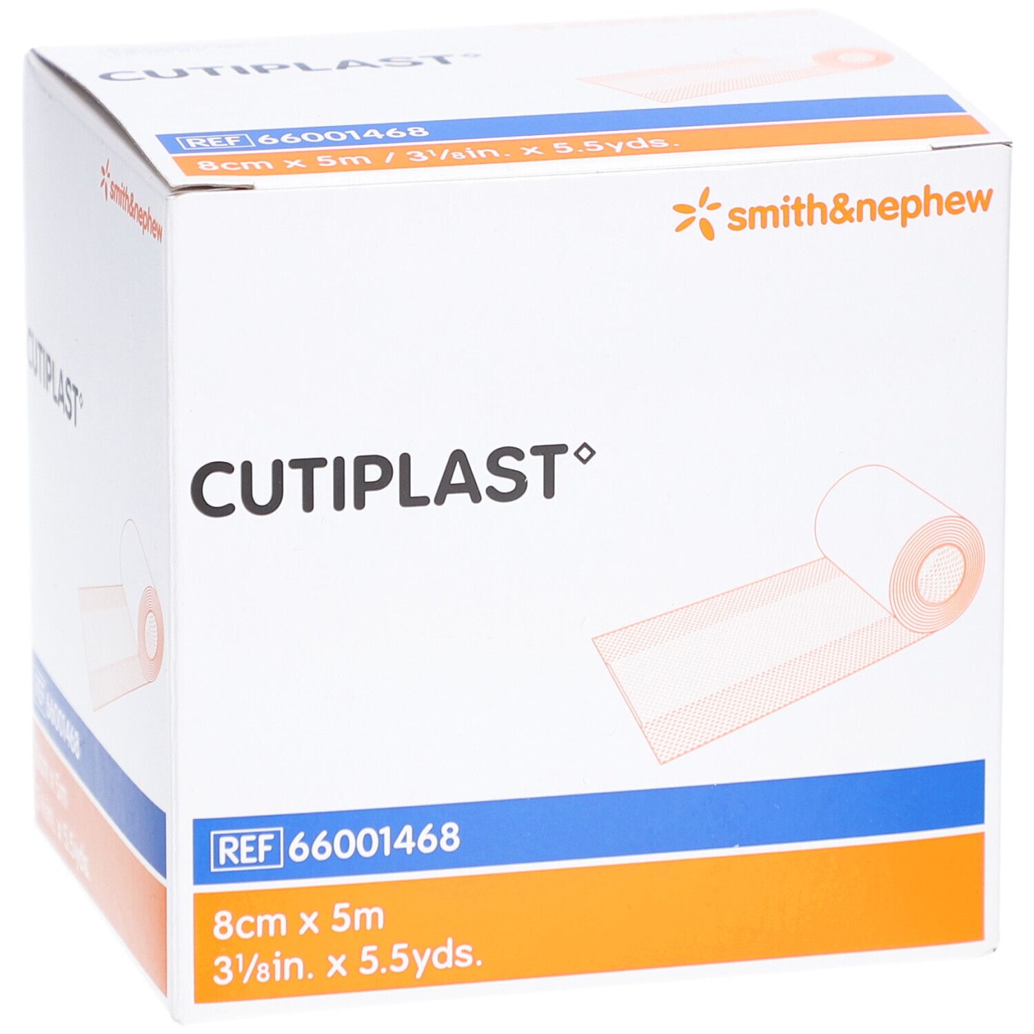 Boîte de pansements CUTIPLAST. Pansement blanc, 8 cm x 5 m. Marque Smith & Nephew. Réf. 66001468.