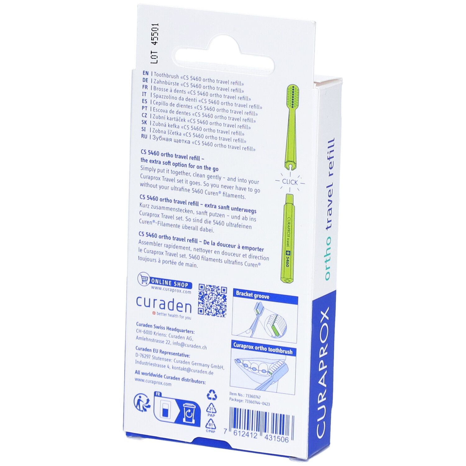 Dos de l'emballage. Texte et illustrations. "CURAPROX" et "ortho travel refill" sont visibles.
