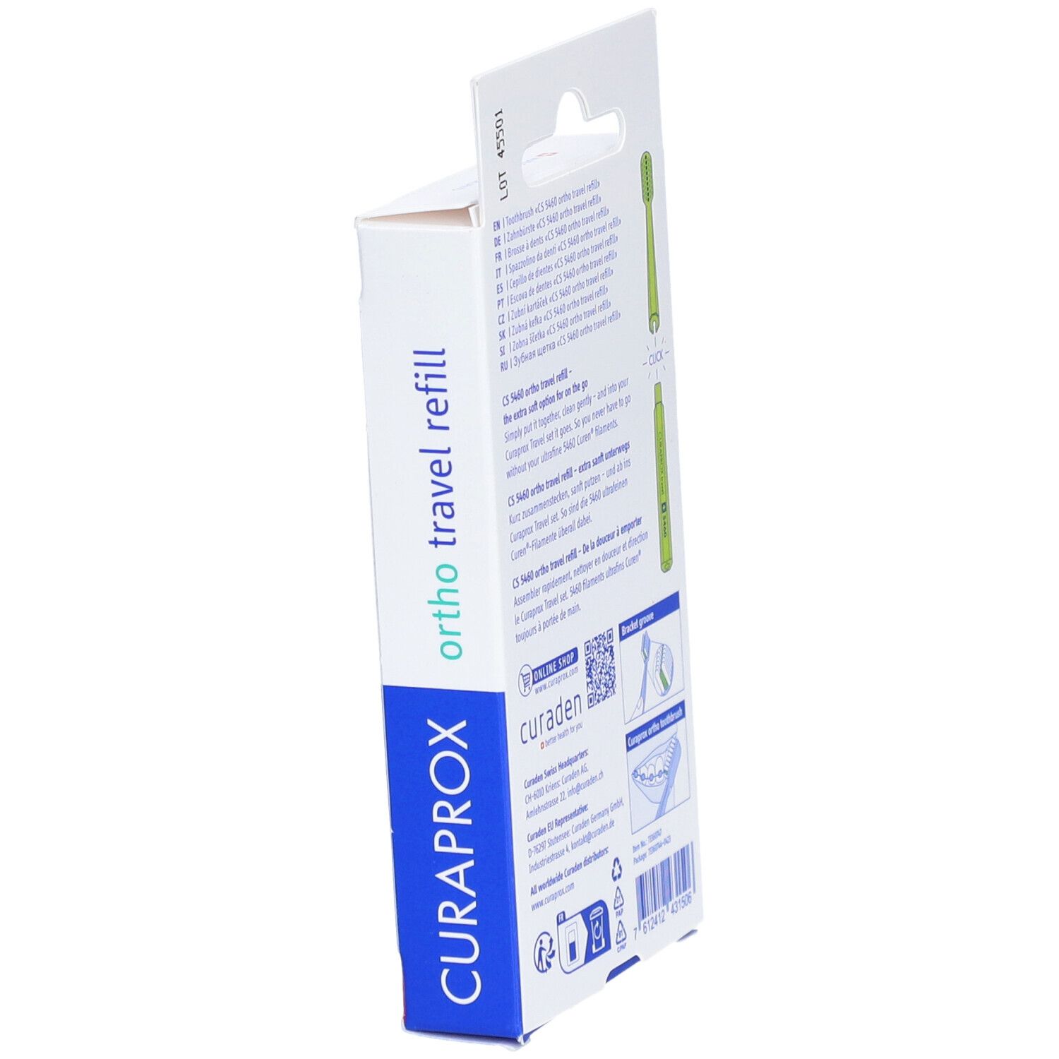 Vue latérale de l'emballage. Texte et illustrations. "CURAPROX" et "ortho travel refill" sont visibles.