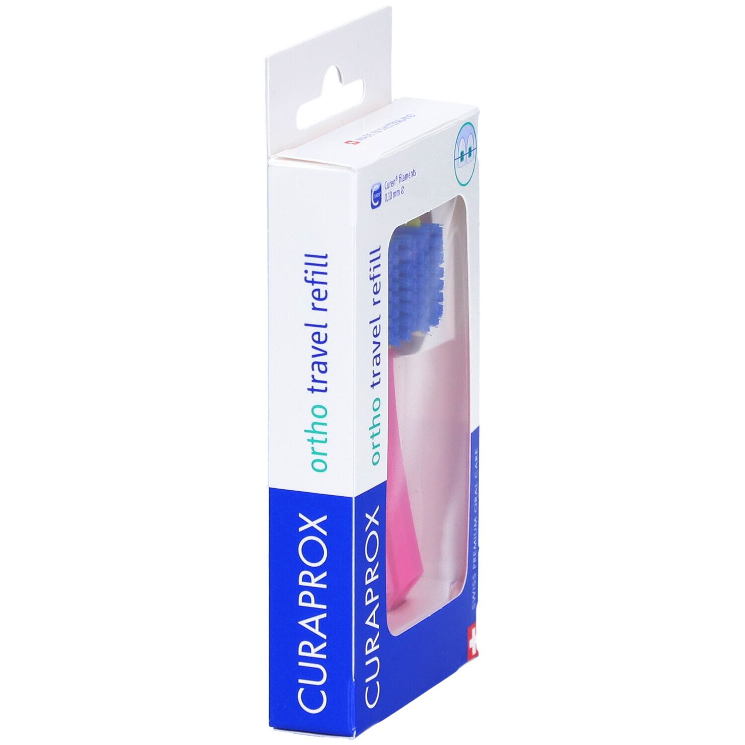 Zahnbürstenkopf in Verpackung. Pinkfarbener Griff, blaue Borsten. Verpackung mit Produktnamen und Logo.