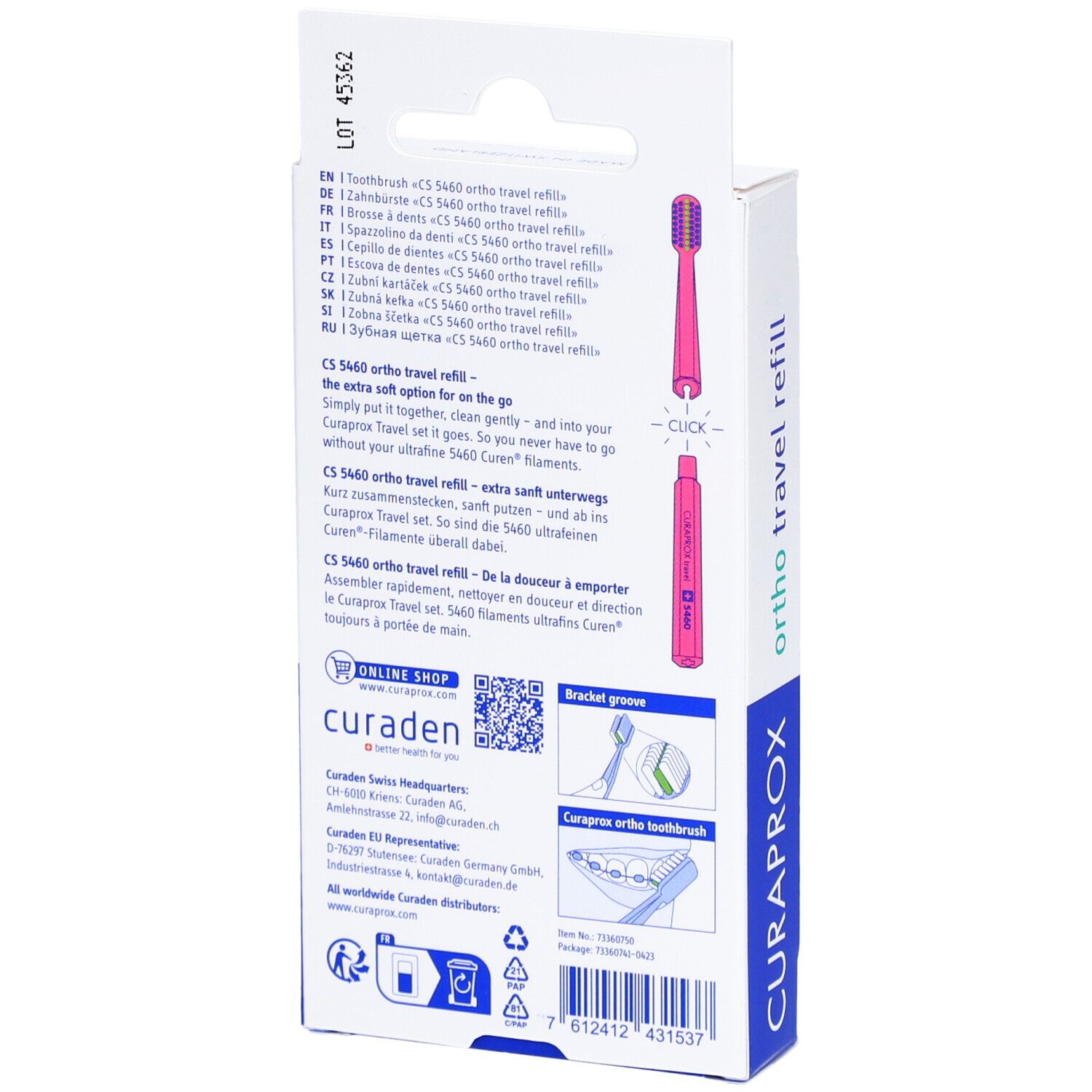 Rückseite der Verpackung. Text in mehreren Sprachen. Illustrationen der Zahnbürstenköpfe. Logo und Produktname.