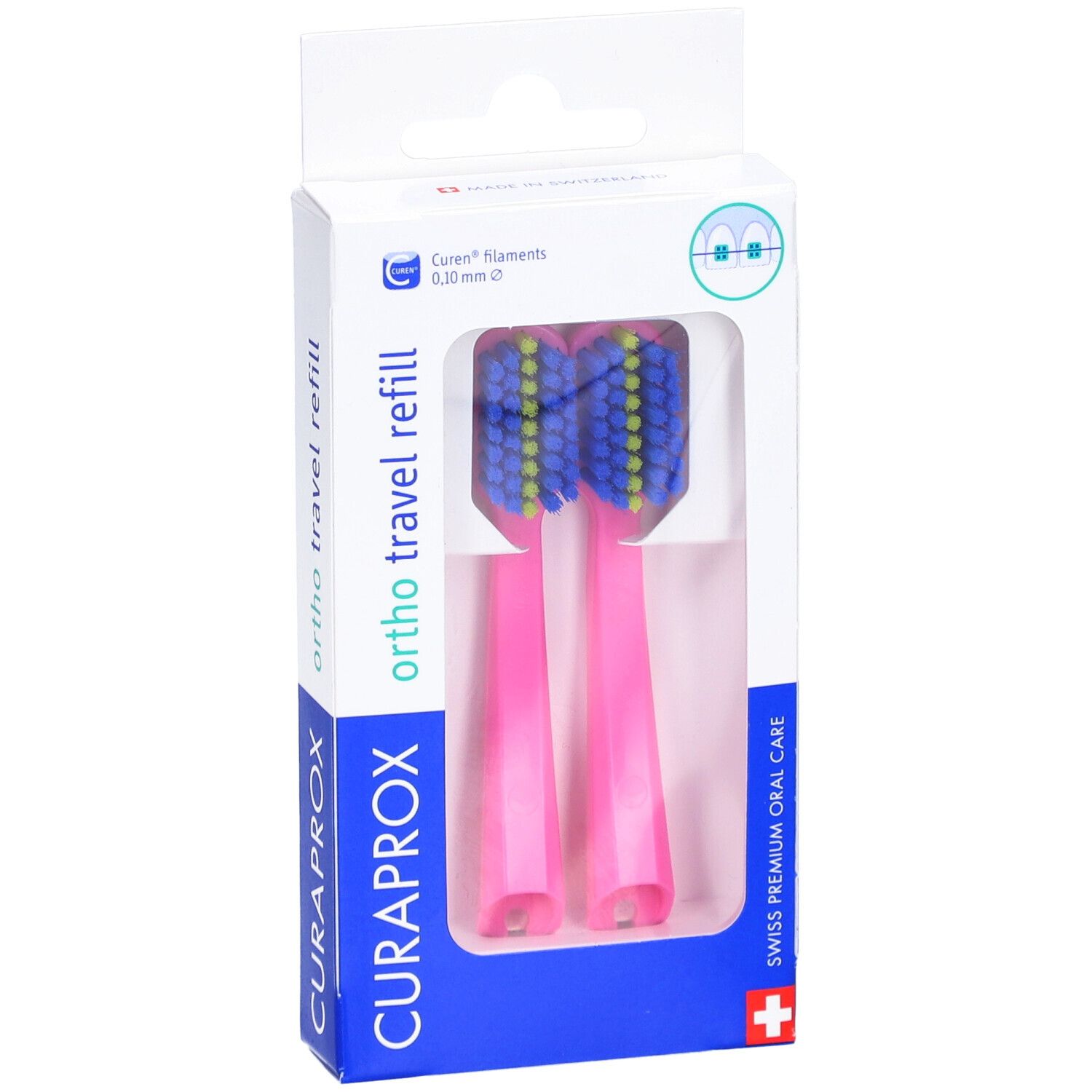 Zwei pinkfarbene Zahnbürstenköpfe in Verpackung. Blaue und gelbe Borsten. Verpackung mit Produktnamen und Logo.
