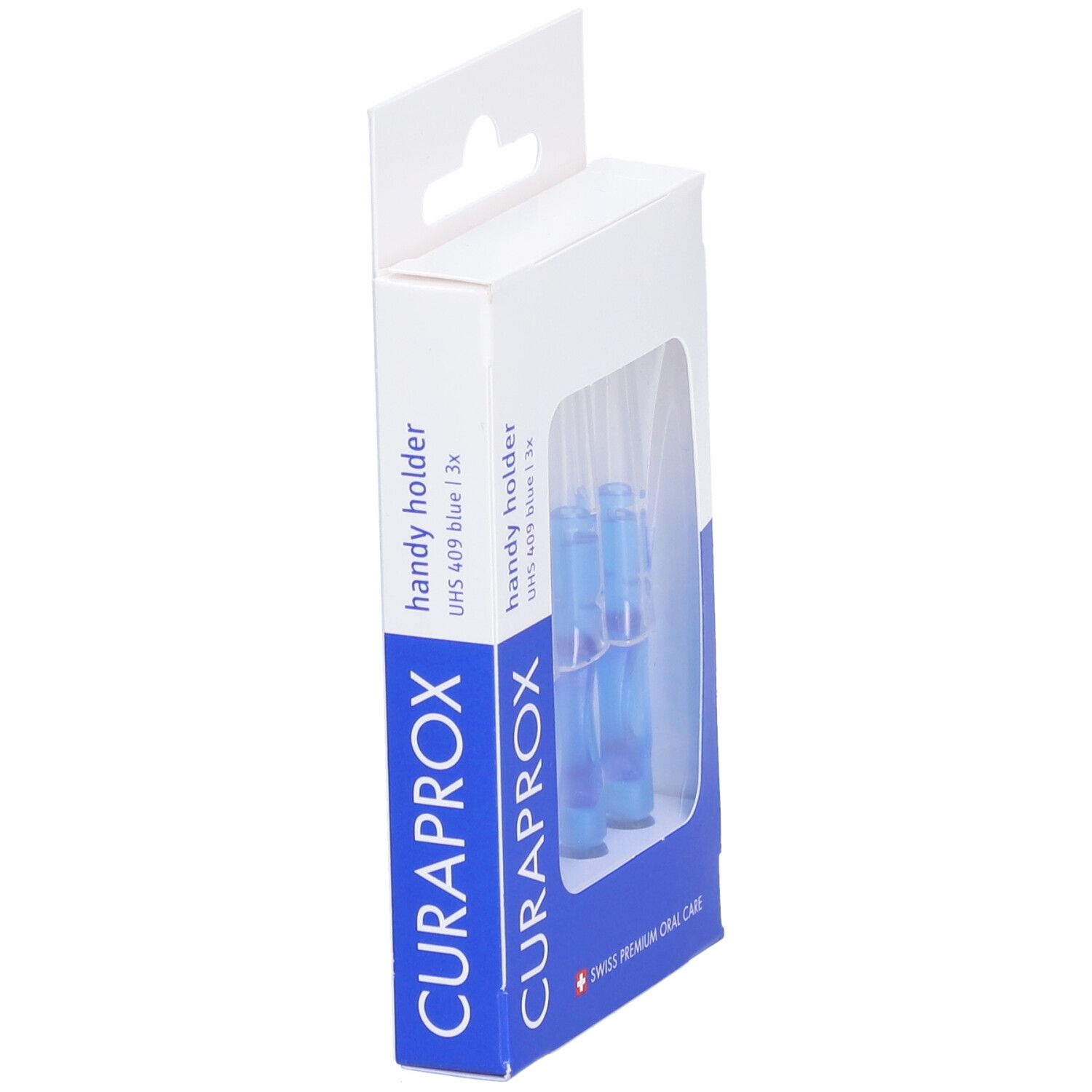 Boîte de trois manches bleus pour brosses interdentaires. Marque : Curaprox. Vue en perspective.
