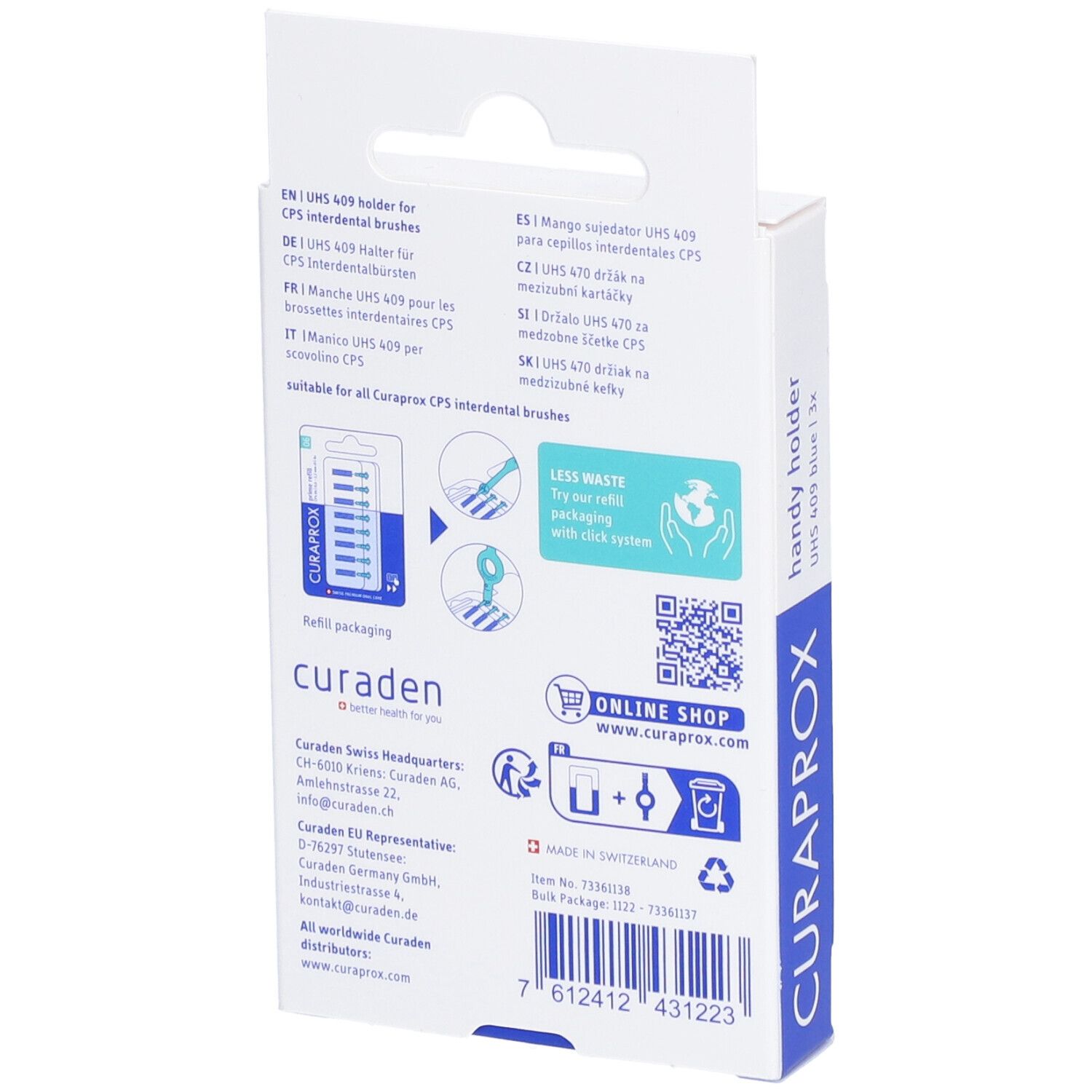 Dos de l'emballage avec informations produit et code QR. Marque : Curaprox. Texte : handy holder.