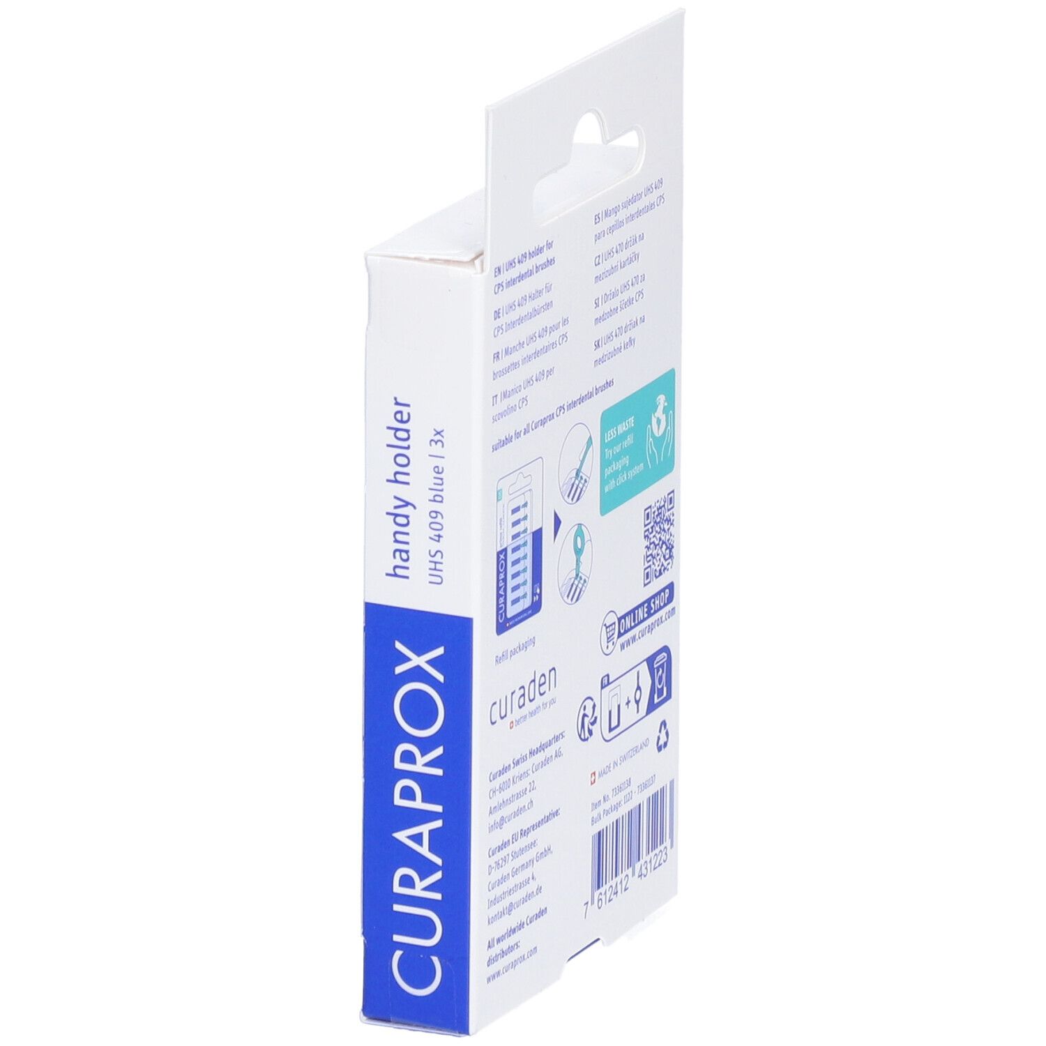 Vue latérale de l'emballage avec informations produit. Marque : Curaprox. Texte : handy holder UHS 409 blue | 3x.