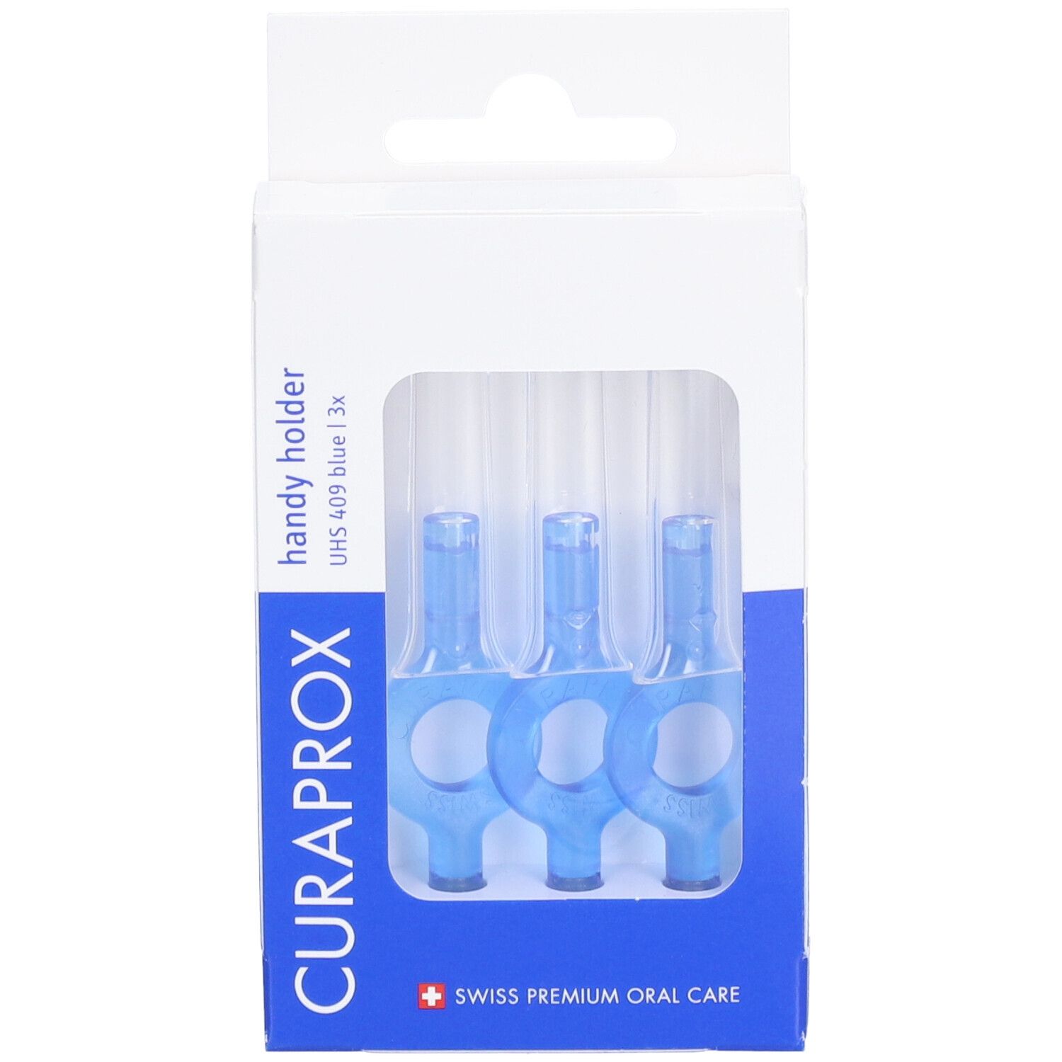Boîte de trois manches bleus pour brosses interdentaires. Marque : Curaprox. Vue en perspective.