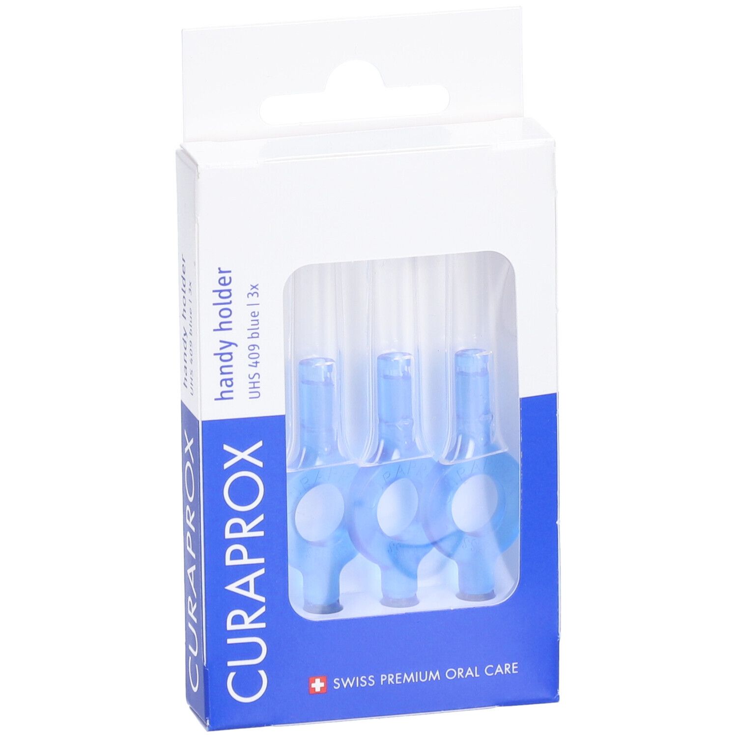 Boîte de trois manches bleus pour brosses interdentaires. Marque : Curaprox. Vue en perspective.