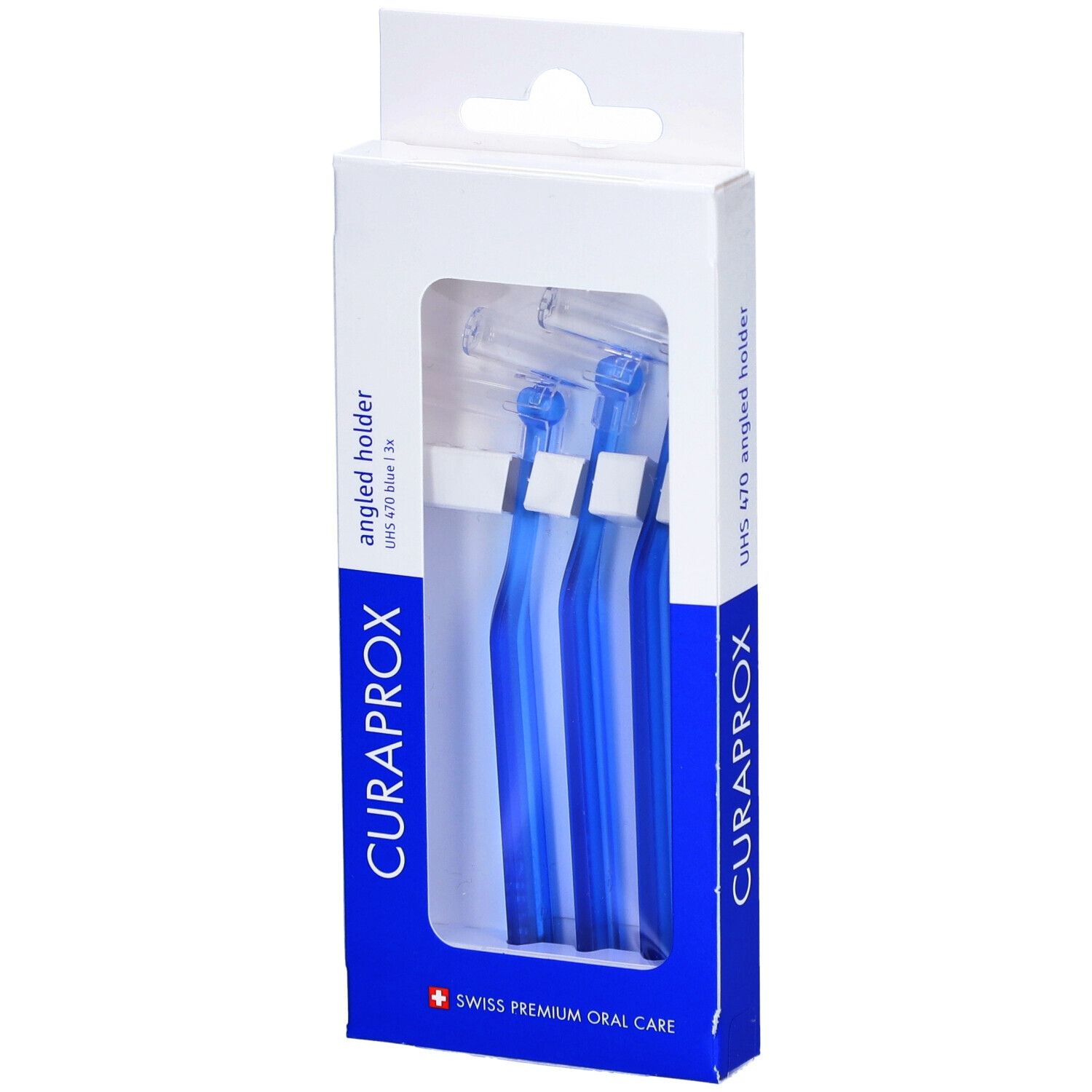 Boîte contenant trois supports coudés bleus. Marque CURAPROX, Swiss Premium Oral Care.