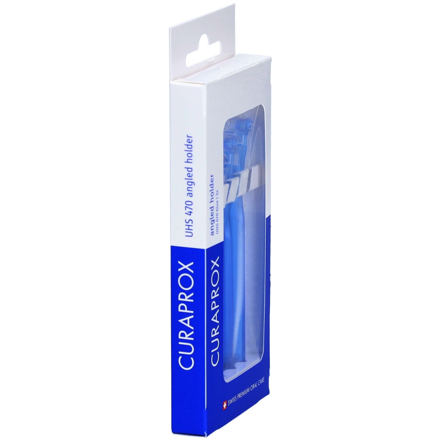 Vue latérale de la boîte avec trois supports coudés bleus. Marque CURAPROX.