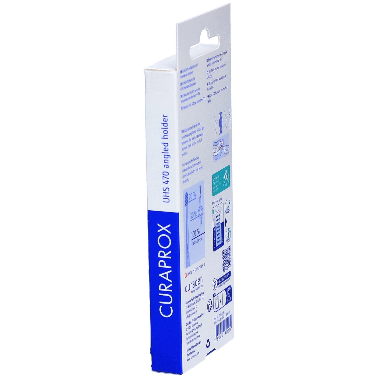 Vue latérale de la boîte. Informations sur les supports, marque CURAPROX, Swiss Made.