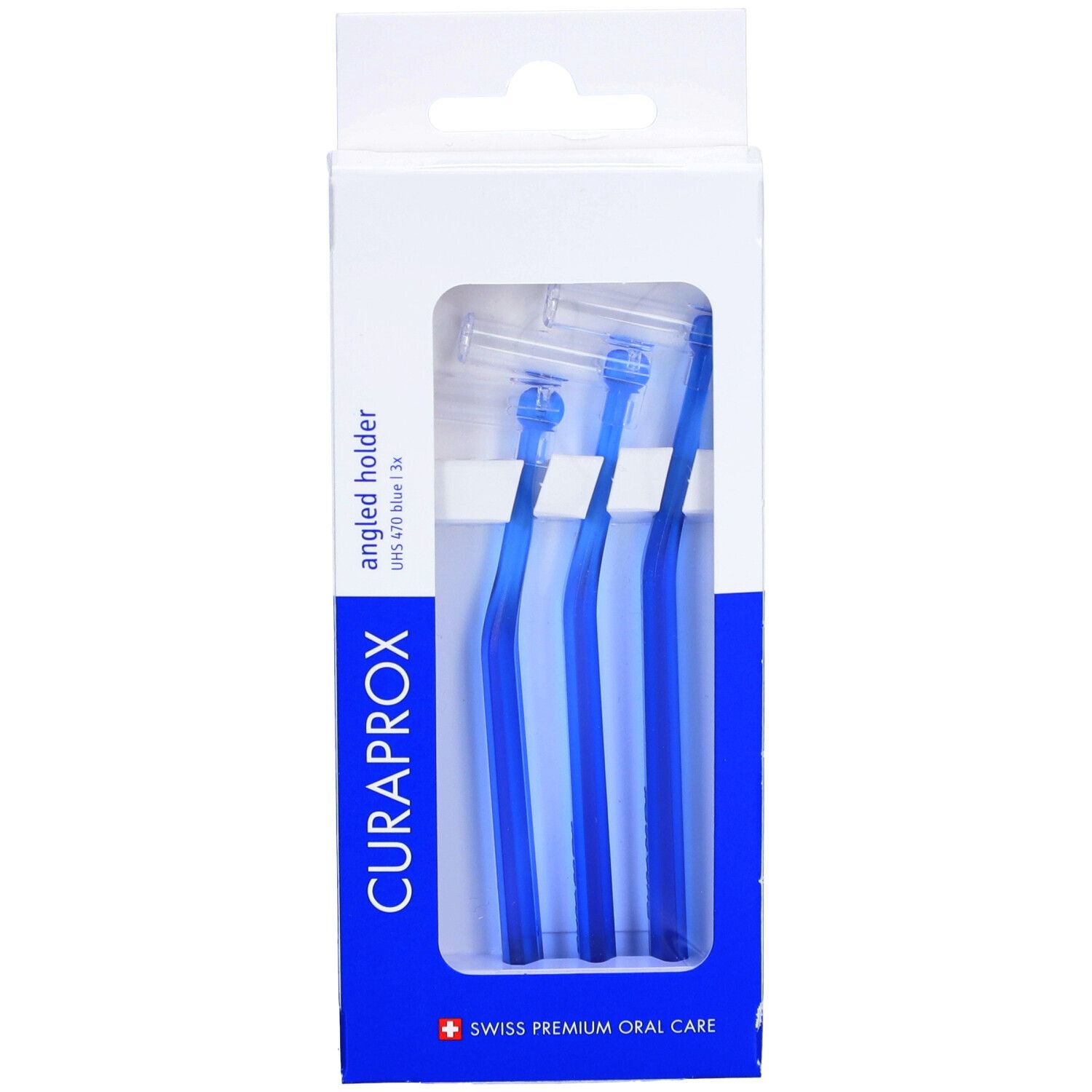 Trois supports coudés bleus dans l'emballage. Marque CURAPROX, Swiss Premium Oral Care.