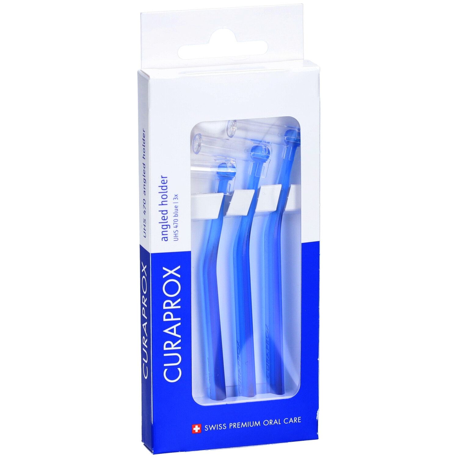 Trois supports coudés bleus dans l'emballage. Marque CURAPROX, Swiss Premium Oral Care.