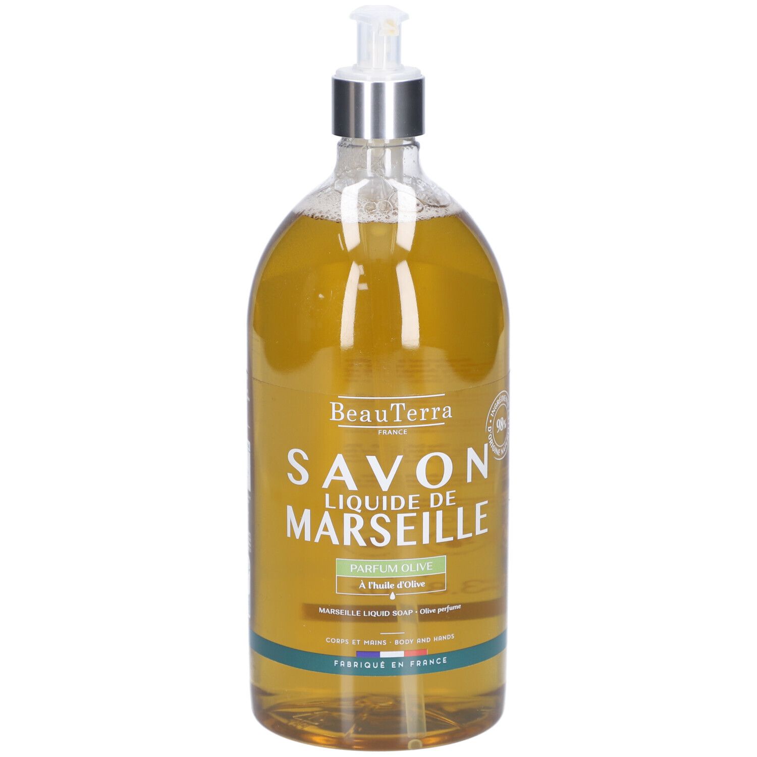 Savon liquide en flacon transparent avec pompe. Inscription: Savon Liquide de Marseille, Parfum Olive.