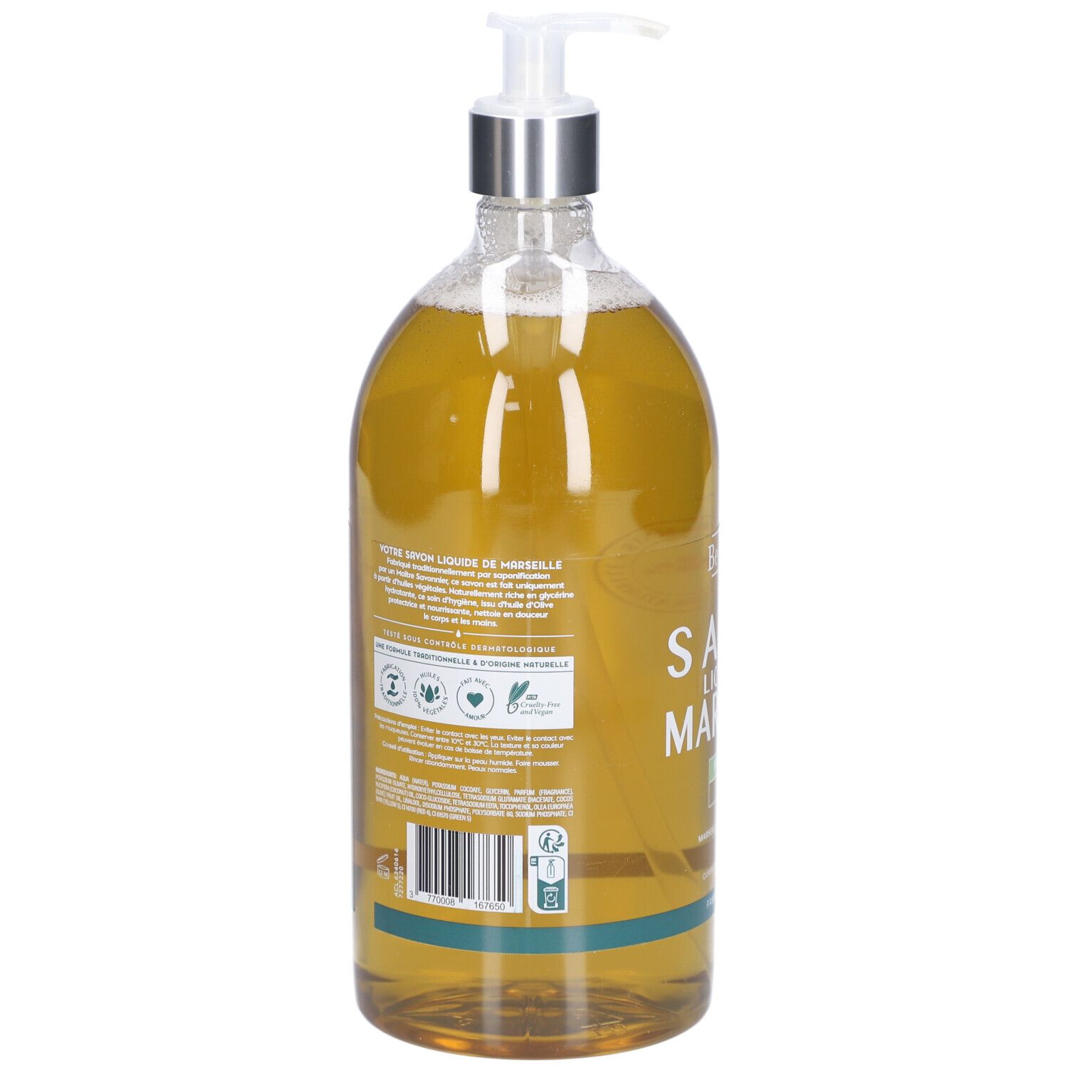 Dos du flacon de savon liquide. Texte et logos. Contient des informations sur les ingrédients et les certifications.