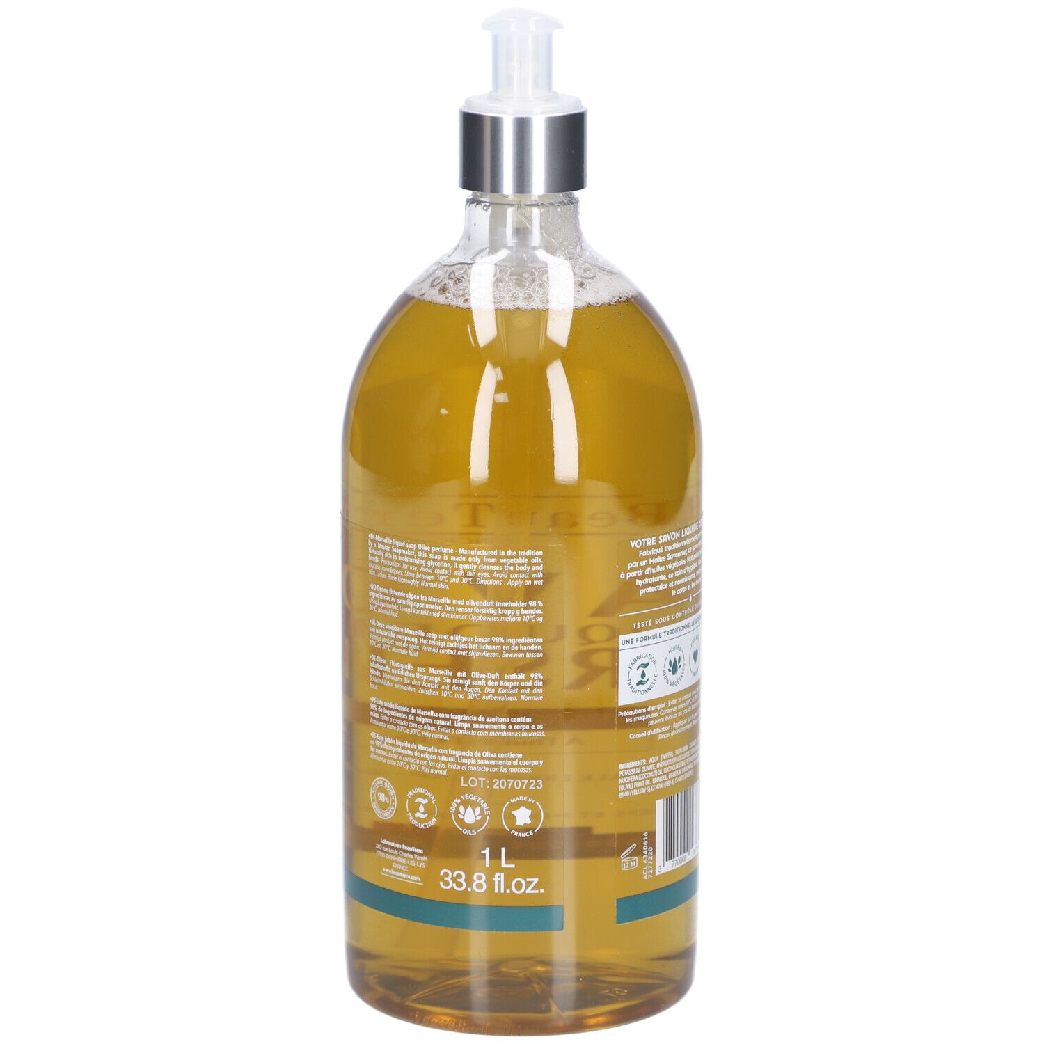 Dos du flacon de savon liquide. Texte et logos. Indication de volume: 1 L, 33.8 fl.oz.