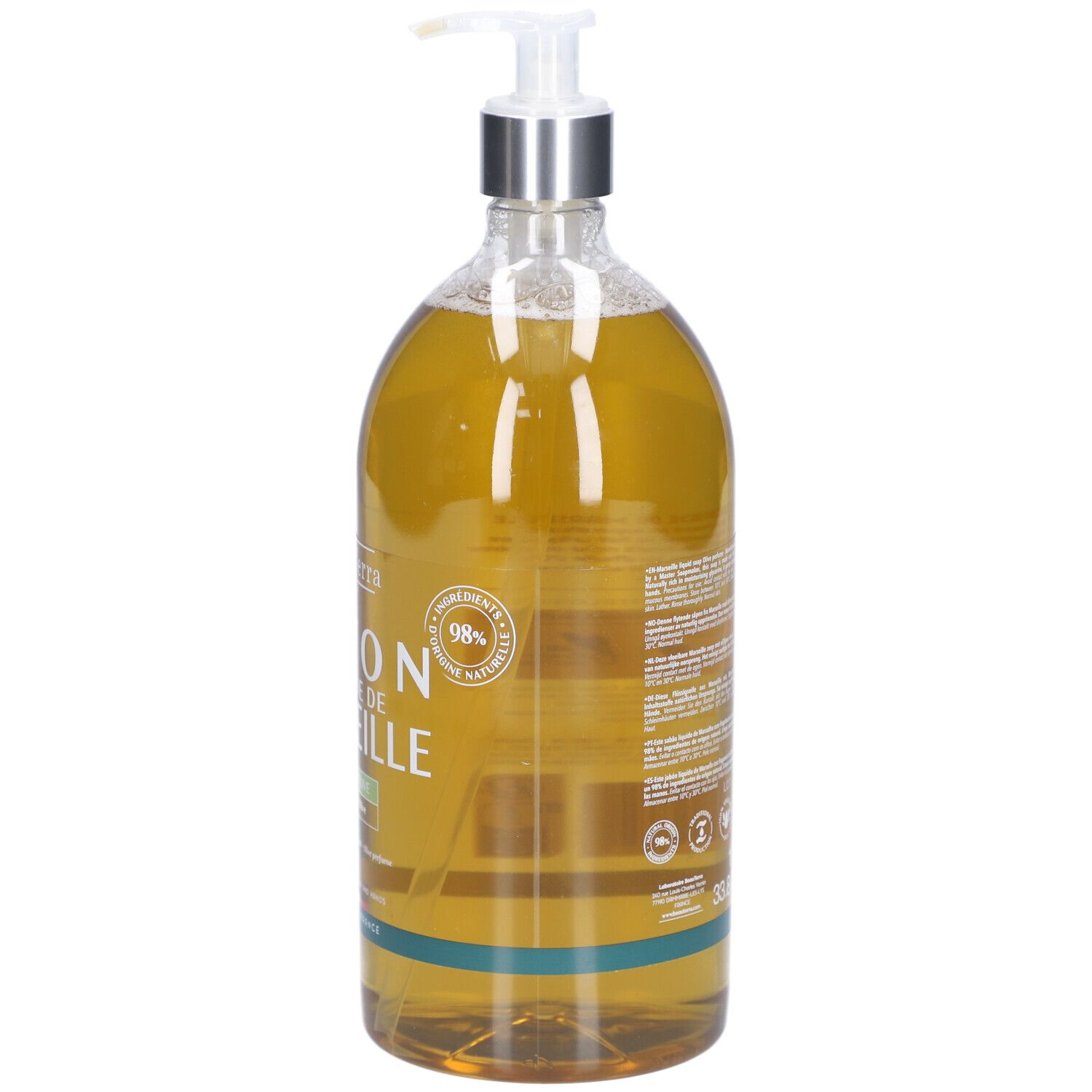 Dos du flacon de savon liquide. Texte et logos. 98% ingrédients d'origine naturelle.