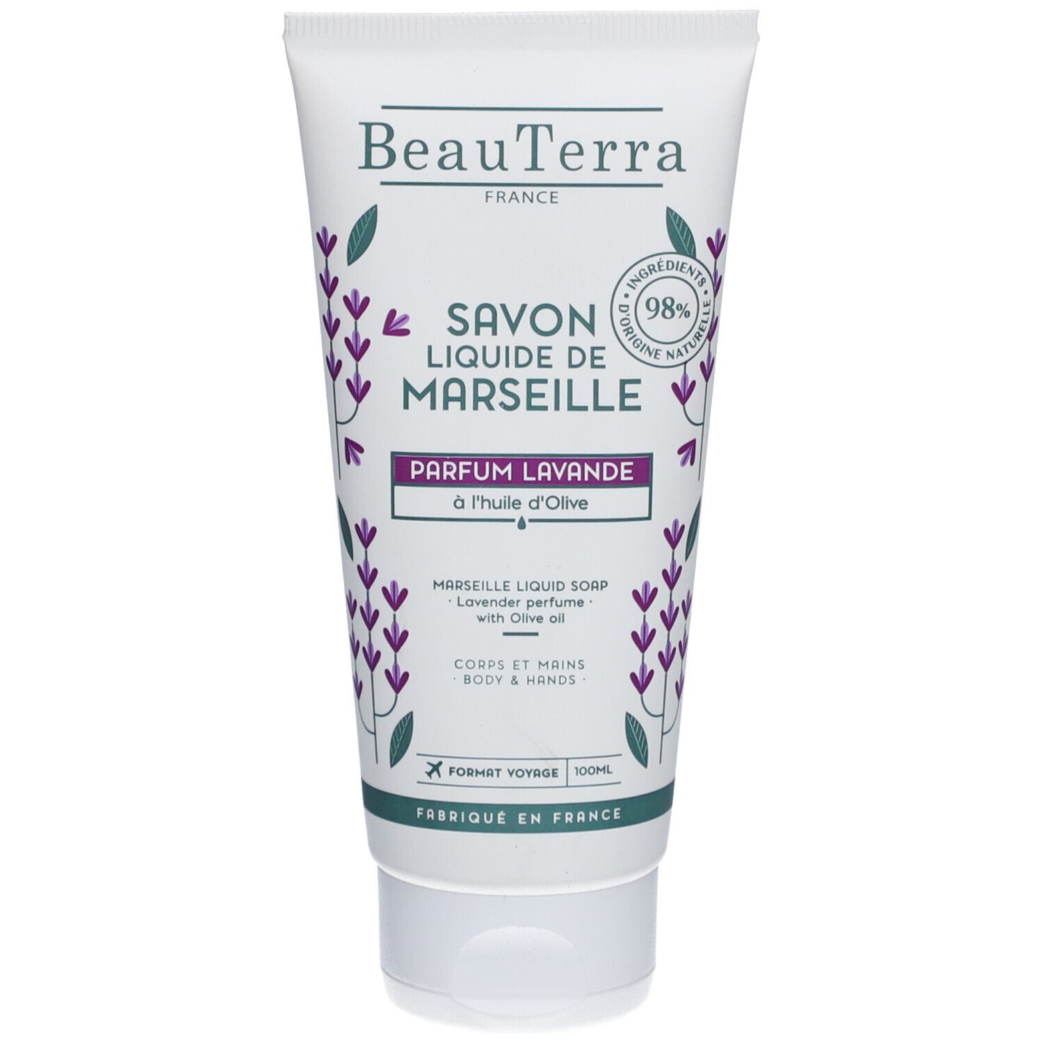Weißer Tube BeauTerra Flüssigseife, Lavendelduft. Text: Savon liquide de Marseille, Parfum Lavande. 98% natürliche Inhaltsstoffe.