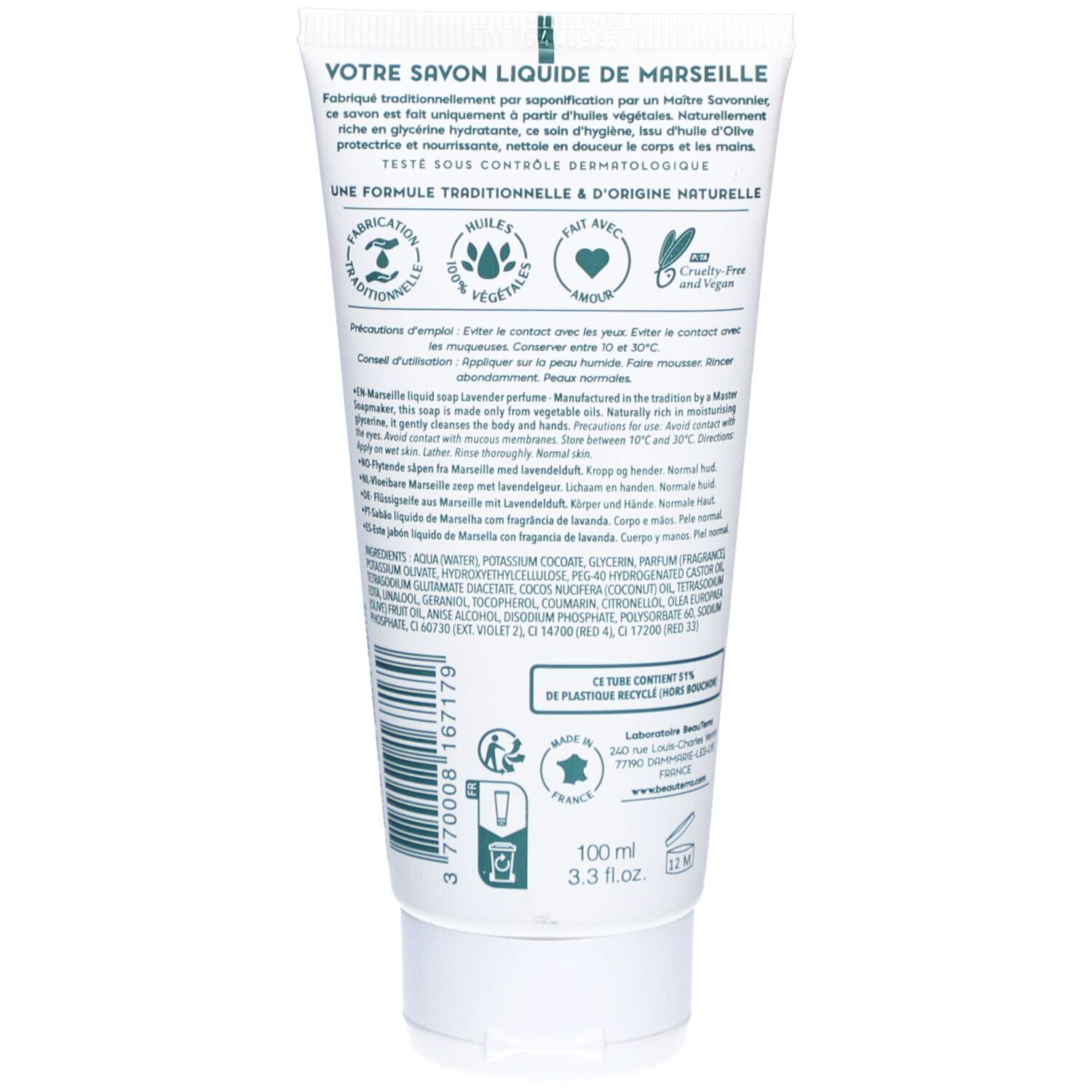 Rückseite der Tube. Text: Savon liquide de Marseille. Inhaltsstoffe, Gebrauchsanweisung. 100ml. Recycling-Symbol.