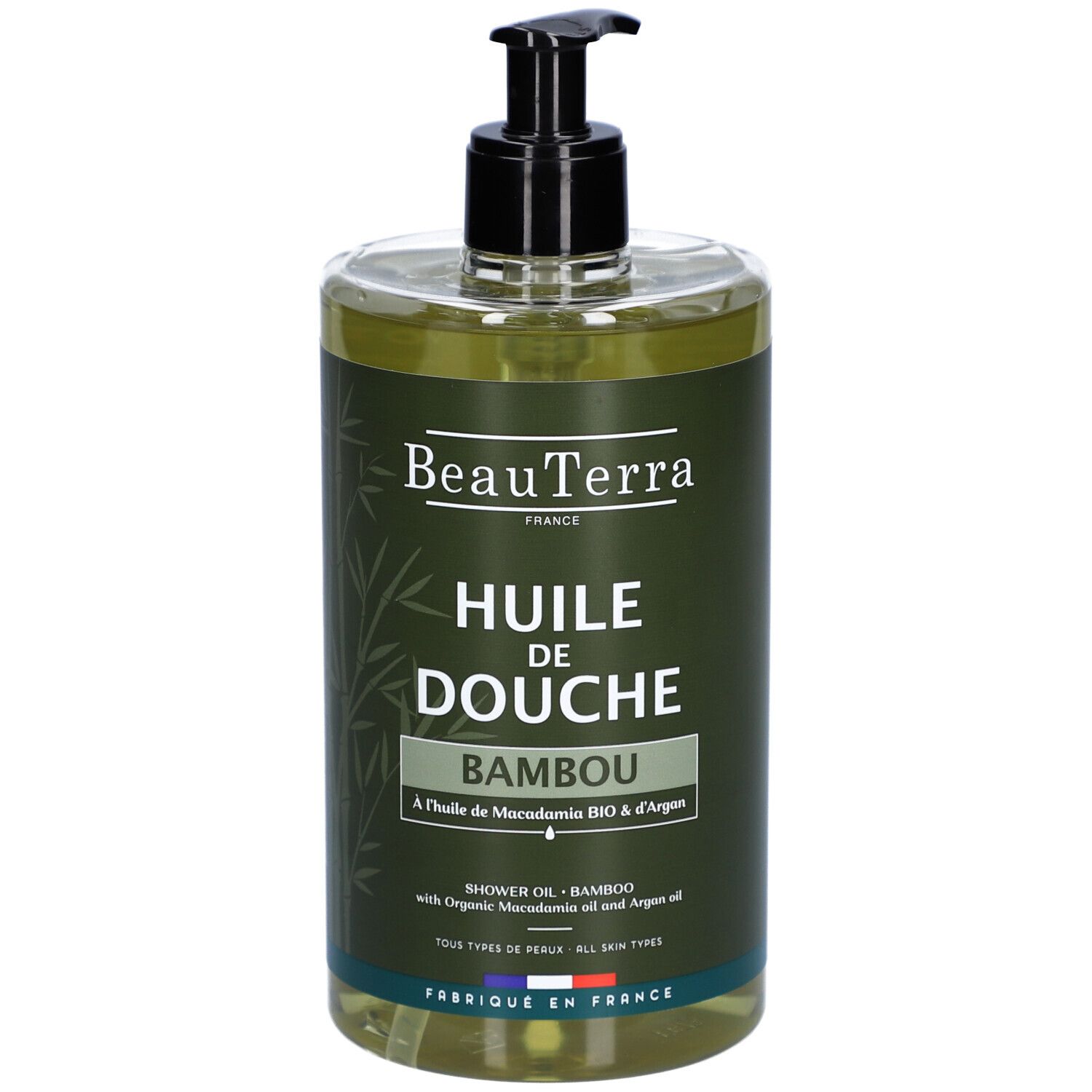 Behälter mit schwarzem Pumpkopf. Aufschrift: BeauTerra, Huile de Douche Bambou. Französische Flagge.