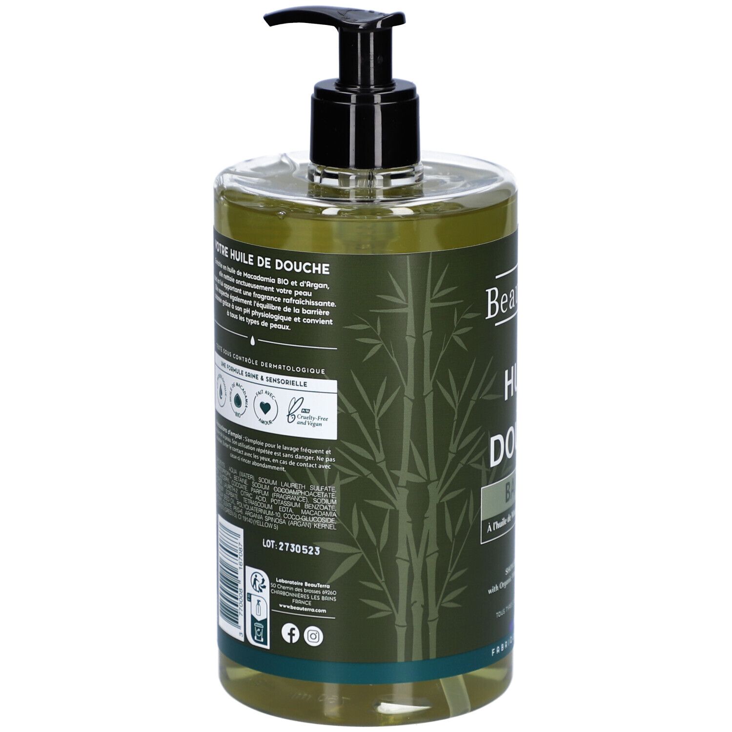Rückseite der Flasche. Text in Französisch. Logo: Vegan, dermatologisch getestet, ohne Tierversuche.