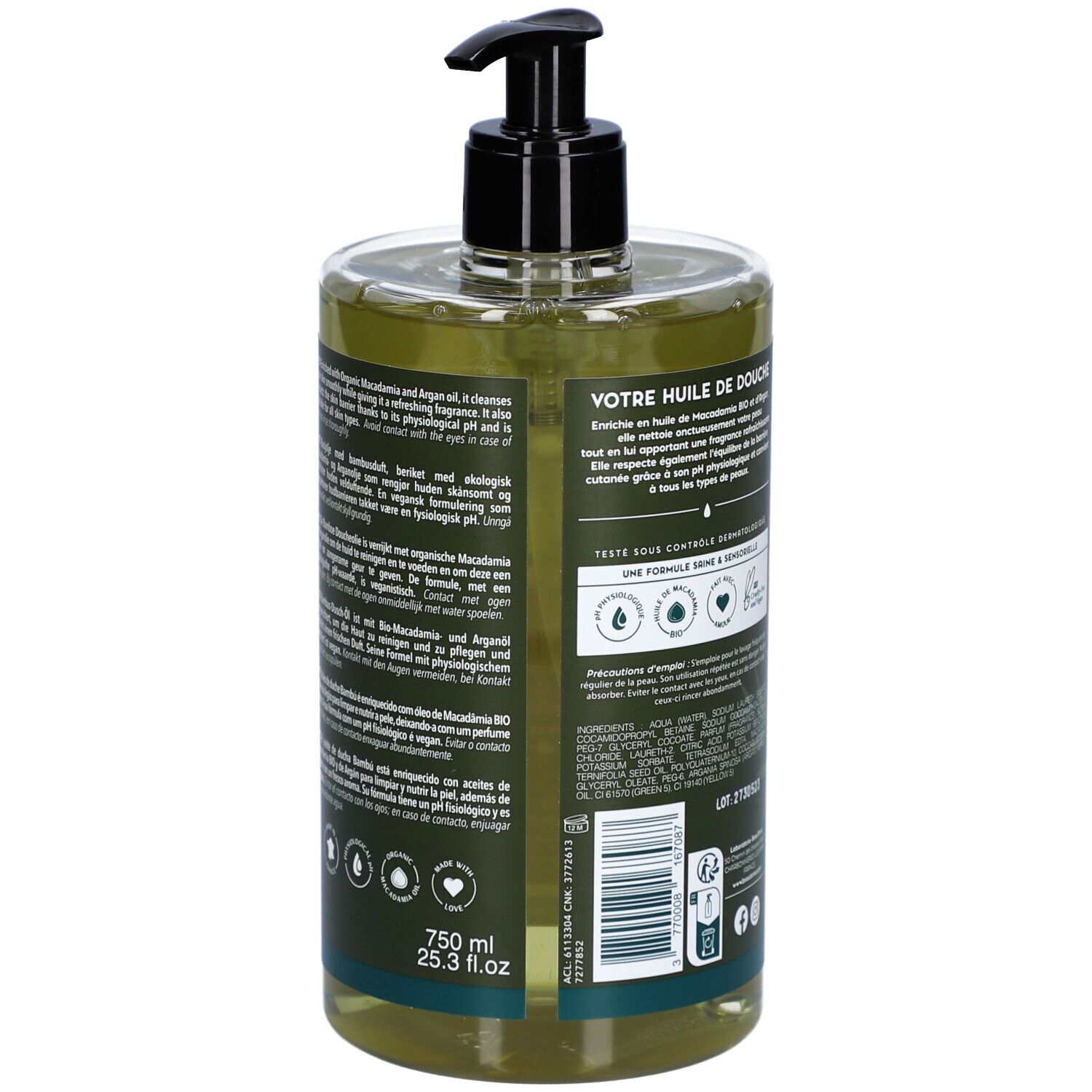 Rückseite der Flasche. Text in Französisch. Volumen: 750 ml. Logos: Vegan, dermatologisch getestet.