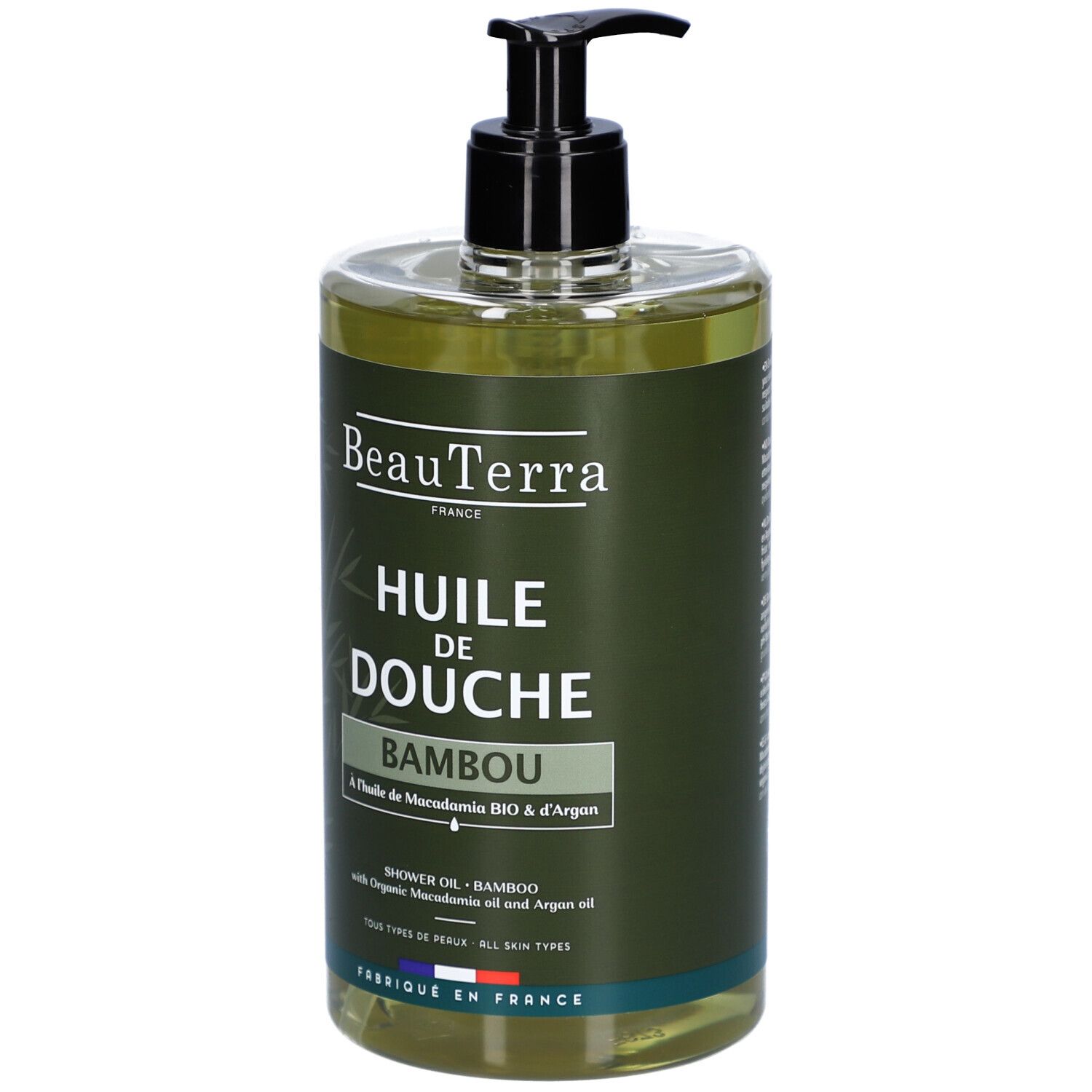 Behälter mit schwarzem Pumpkopf. Aufschrift: BeauTerra, Huile de Douche Bambou. Französische Flagge.