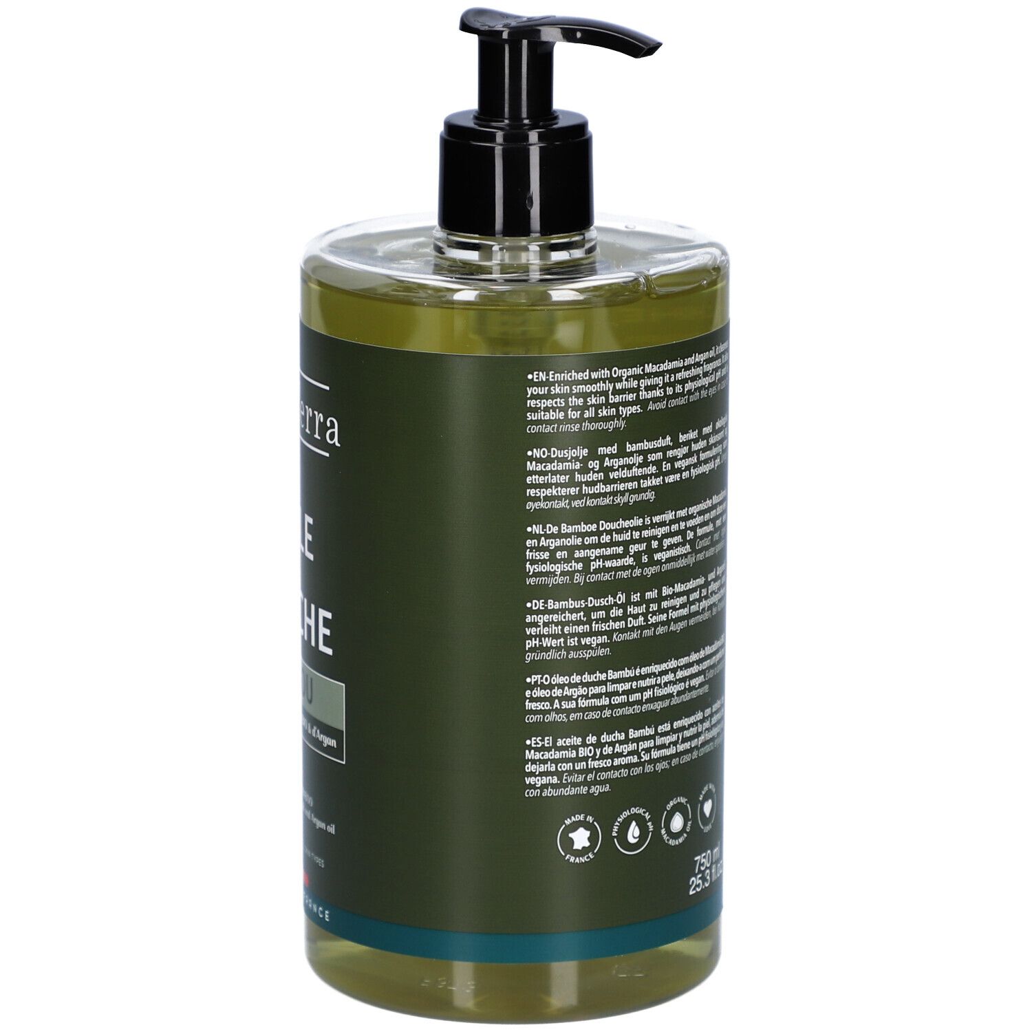 Rückseite der Flasche. Text in mehreren Sprachen. Volumen: 750 ml. Logos: Vegan, dermatologisch getestet.
