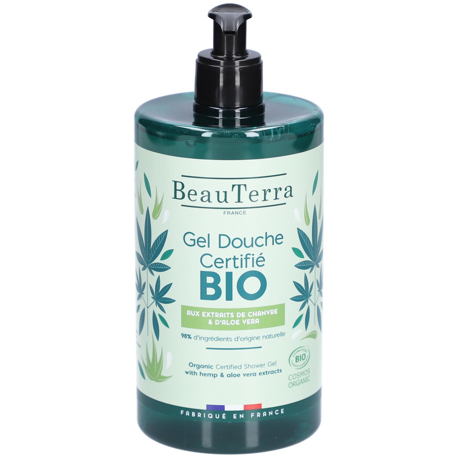 Grüne Flasche mit schwarzem Spender. Aufschrift: BeauTerra, Gel Douche Certifié BIO. Mit Hanf- und Aloe Vera-Extrakten. Cosmos Organic.