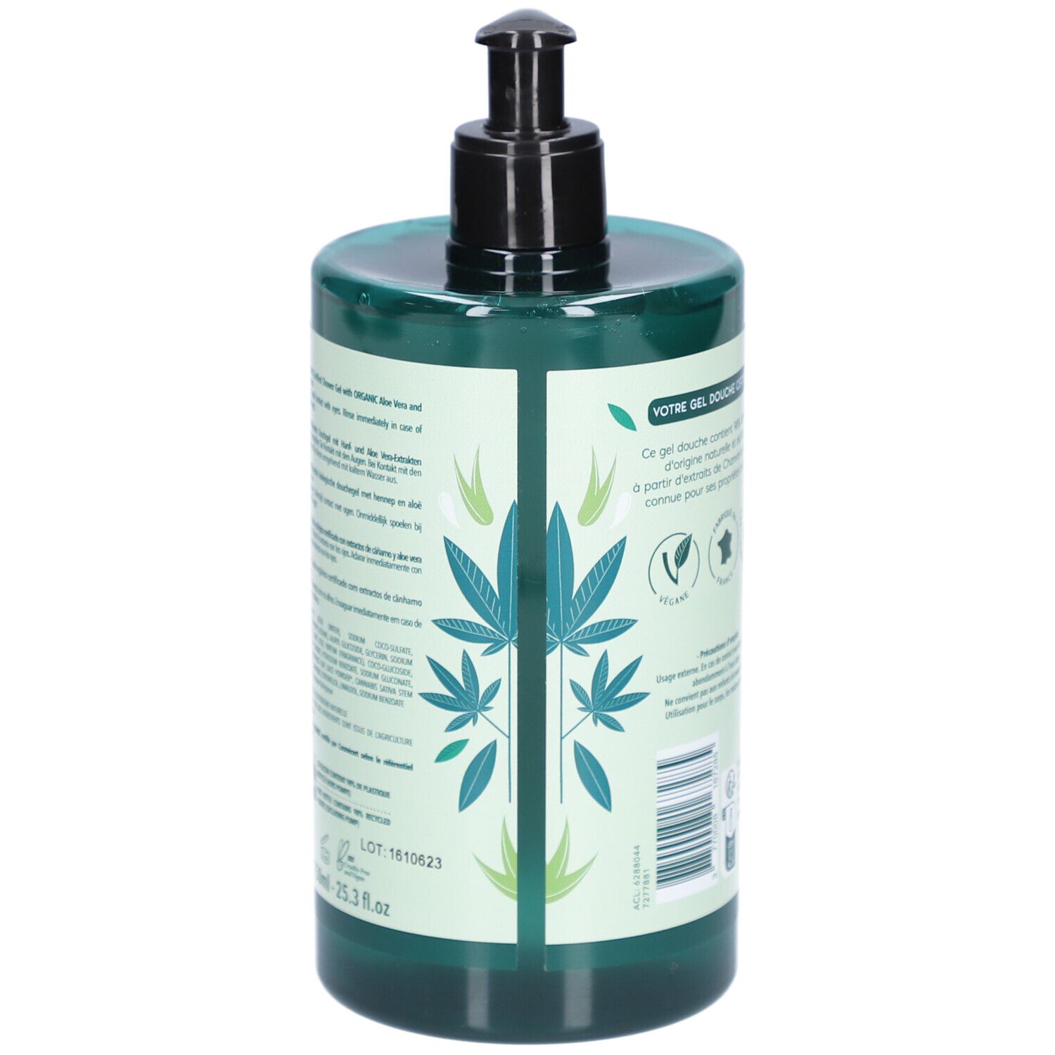Rückseite der grünen Flasche mit schwarzem Spender. Text: Gel Douche Certifié BIO. Vegan-Logo. Chargennummer. 25.3 fl.oz.